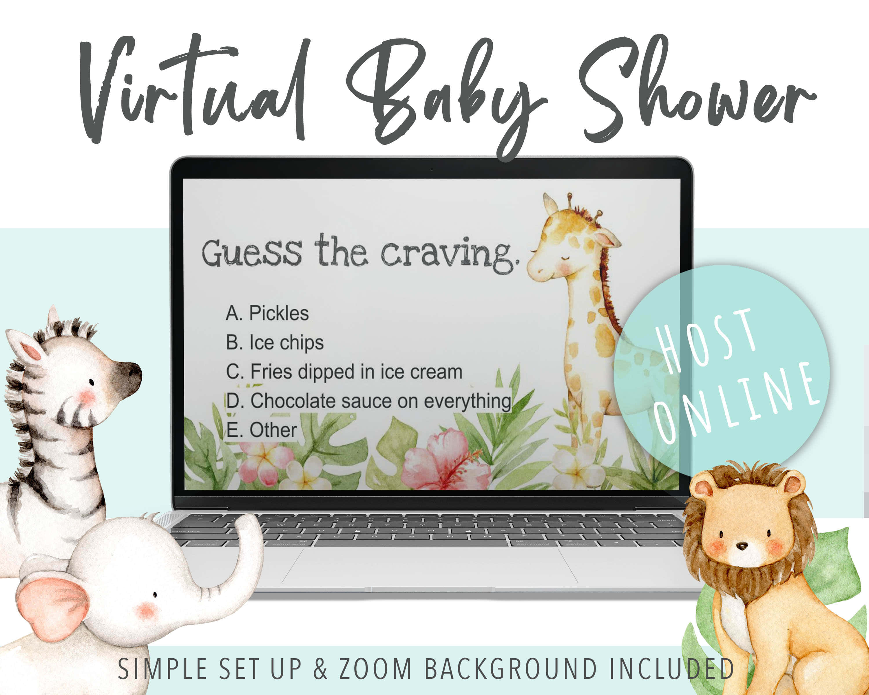 嬰兒派對縮放背景：可愛動物 壁紙 — 一部手提電腦顯示一個嬰兒送禮會遊戲，周圍有可愛的水彩動物，如斑馬、大象和獅子。
