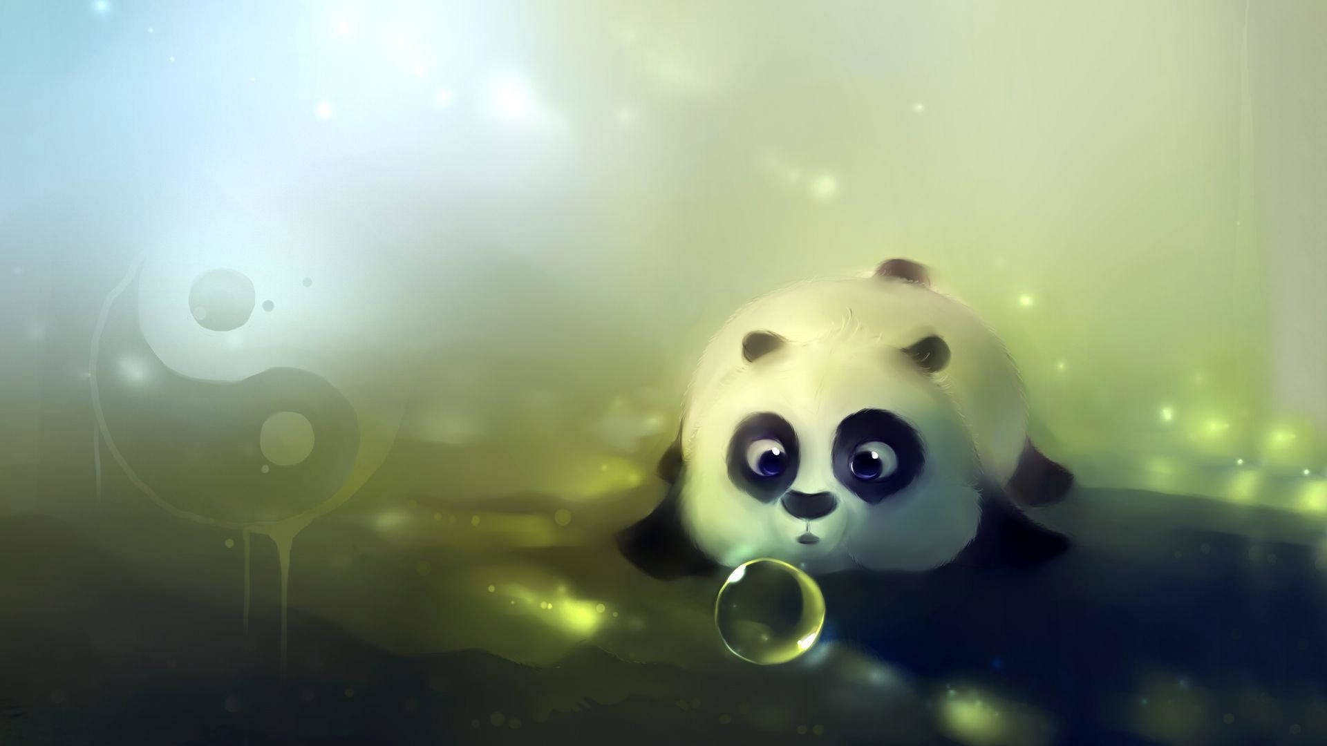 嬰兒熊貓高清卡通 壁紙 — 一隻可愛的卡通熊貓從迷濛的綠色和藍色霧氣中探出頭來，手持一個發光的泡泡，周圍有柔和的散景燈光。