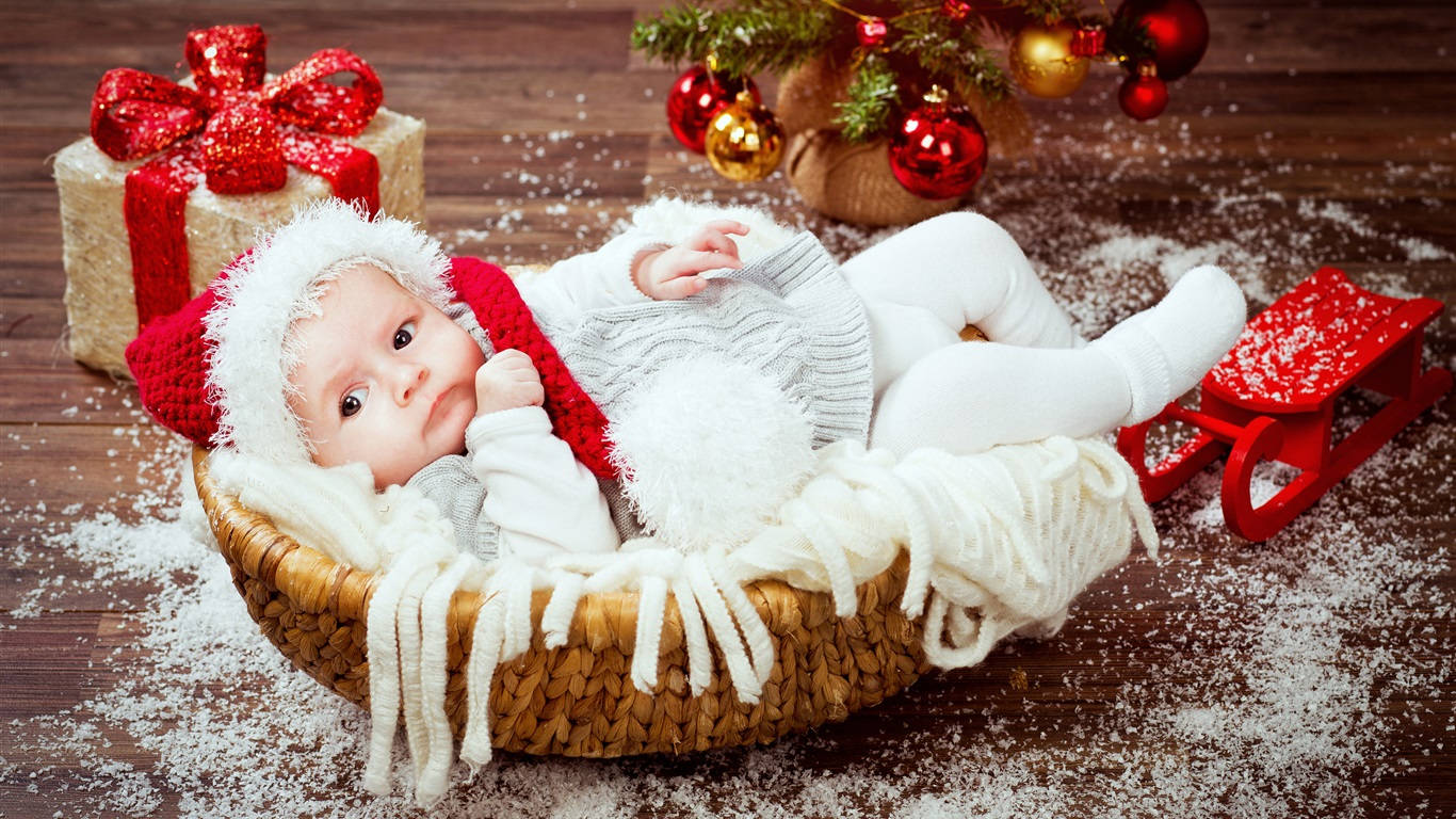 BB戴住聖誕帽喺籃入面，有聖誕裝飾同雪。 — 聖誕禮物 壁紙
