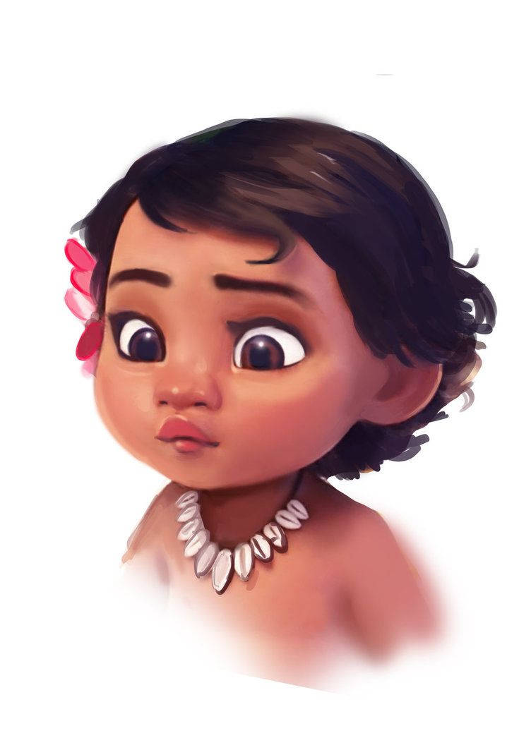 嬰兒莫阿娜數位肖像 壁紙 — 一個可愛的動畫幼兒，深色捲髮，頭上戴著粉紅色的花，戴著貝殼項鍊，好奇地看著觀眾。