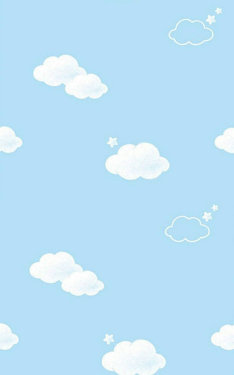 嬰兒藍雲朵圖案 壁紙 — 柔和藍天點綴著 fluffy 白雲和 tiny 星星的極簡數位插圖。