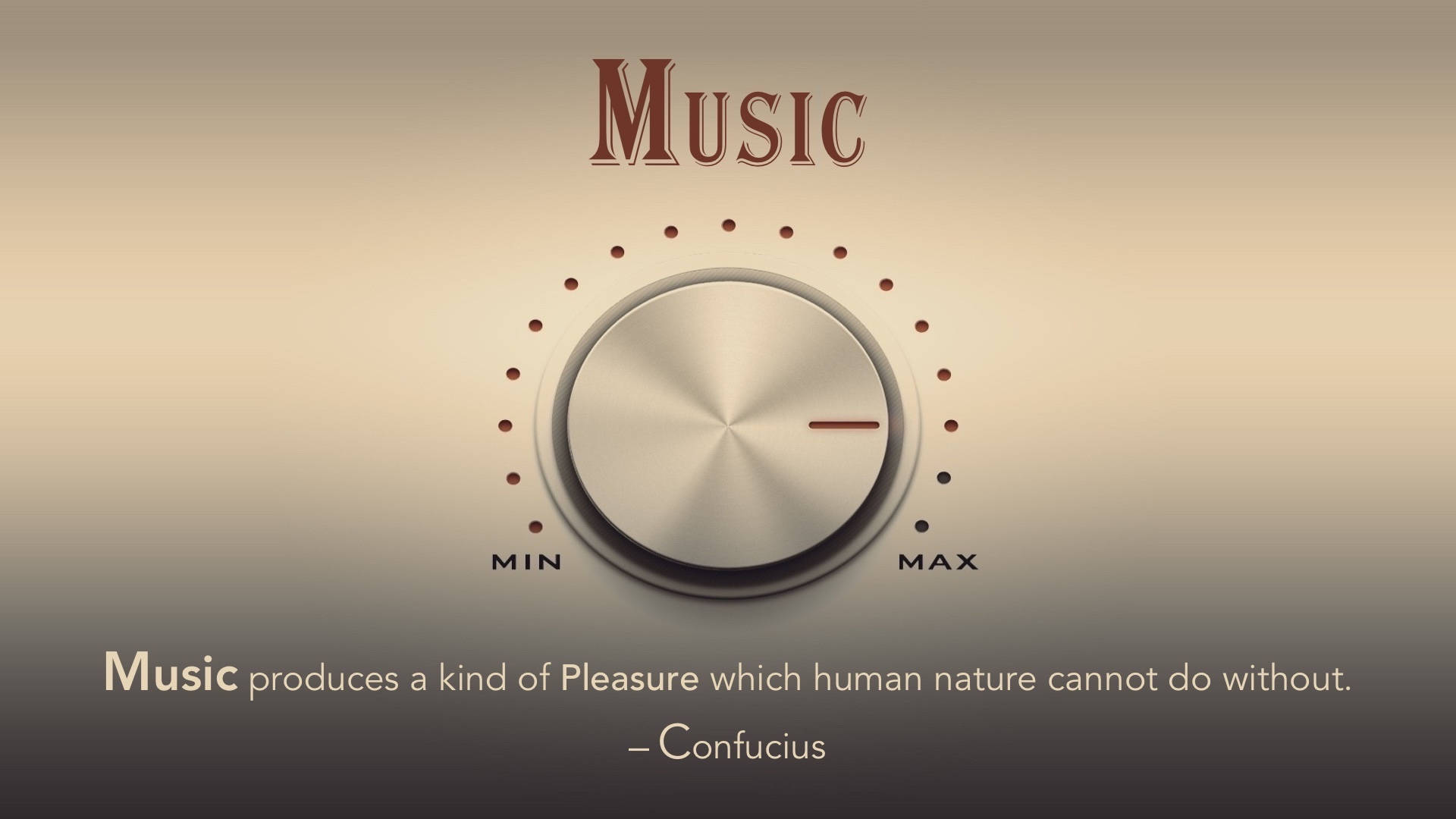 孔子音樂語錄 壁紙 — 一個復古風格的音量旋鈕，上面標有「MUSIC」，並在溫暖的漸變背景上附有孔子的名言。