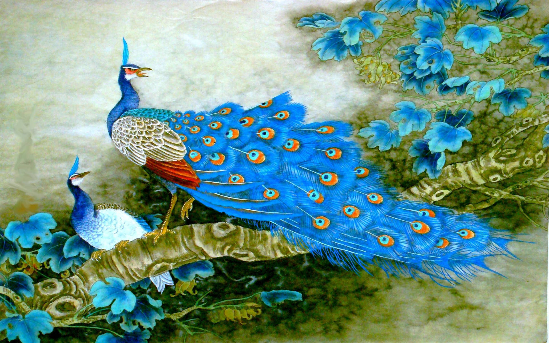兩隻藍色羽毛的孔雀在樹枝上休息，周圍環繞著藍色花朵。