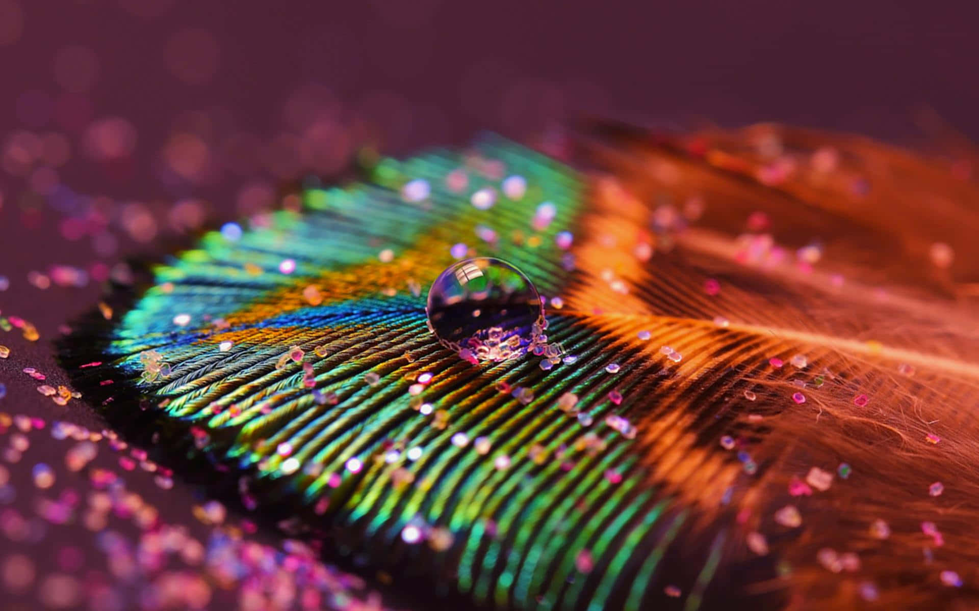 一條帶有閃粉和反射光線的露珠的彩色孔雀羽毛。