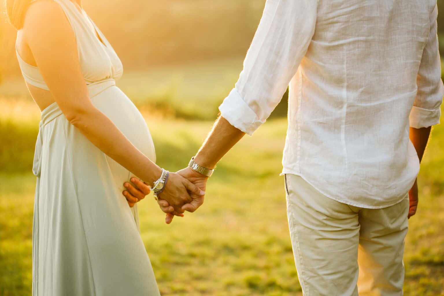 孕婦和伴侶在日落時分的草地上牽手。