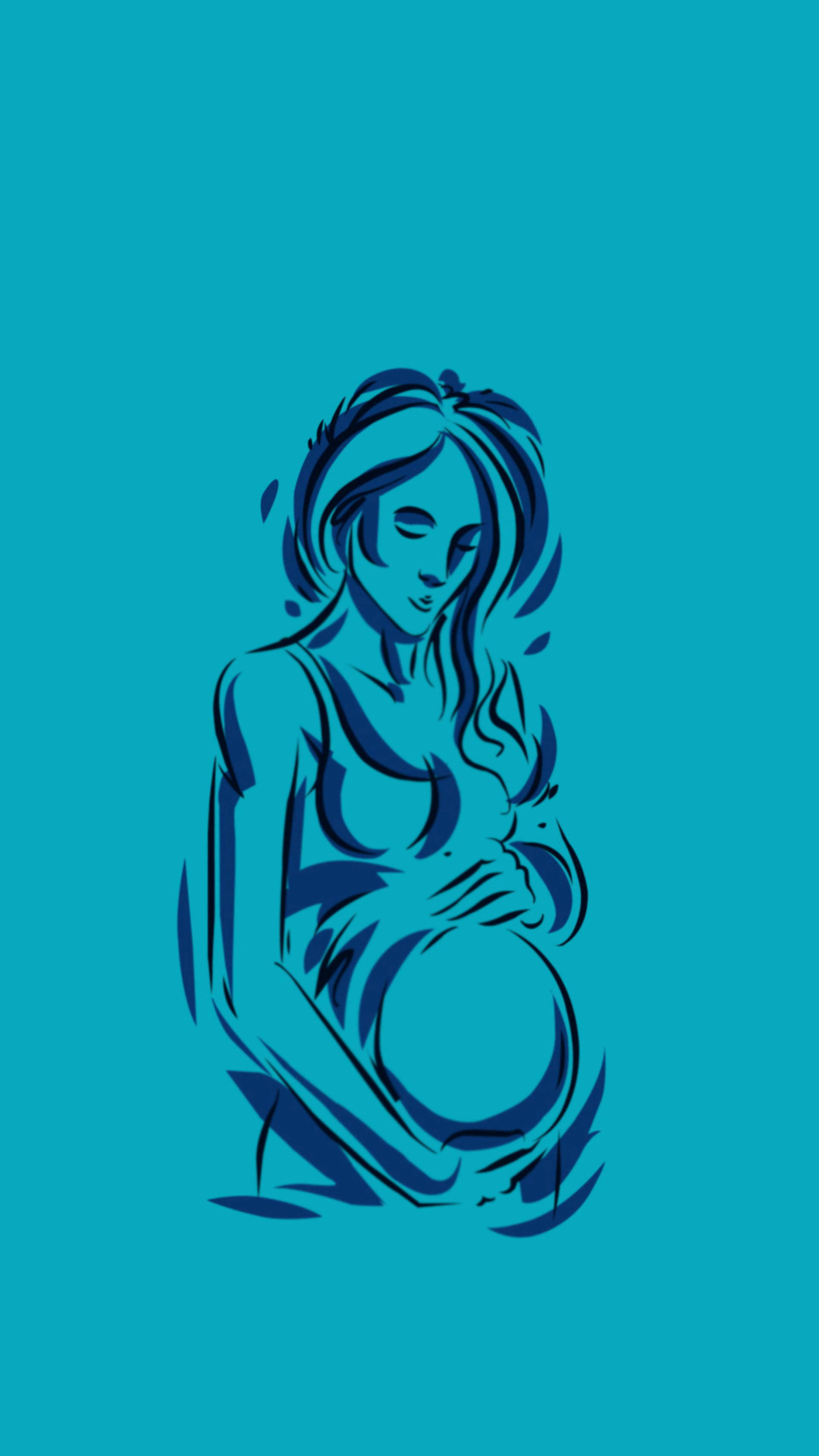 孕婦素描藝術 壁紙 — 一位寧靜的孕婦以流暢的藍色線條勾勒，懷抱著腹部，背景為純青色。