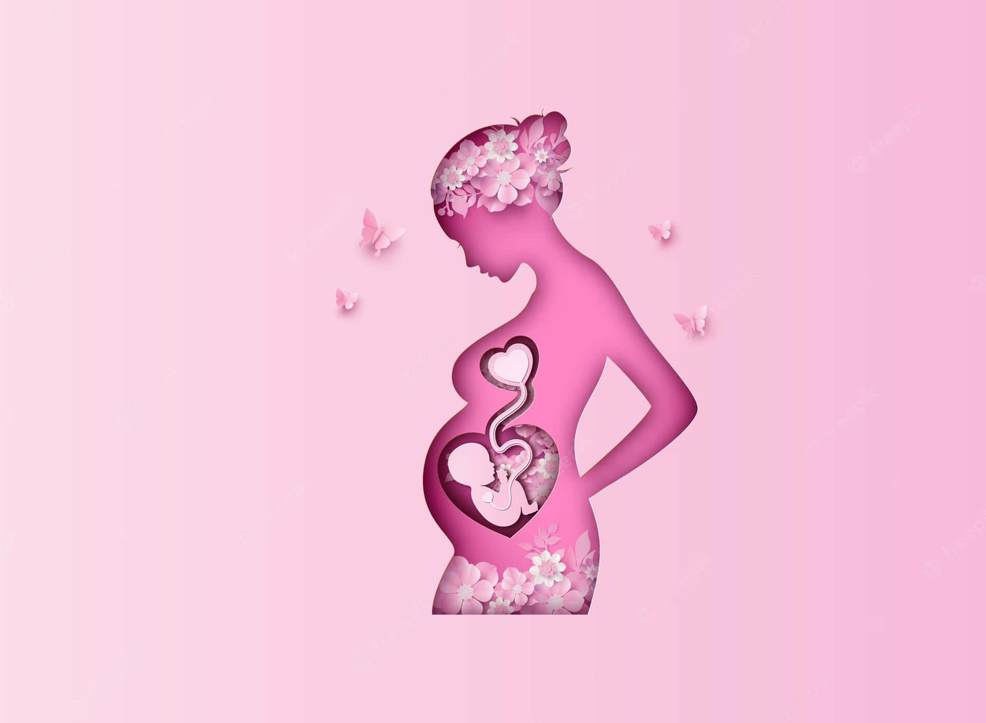 粉紅色剪紙孕婦剪影，飾以花朵和蝴蝶，懷抱心形胎兒。