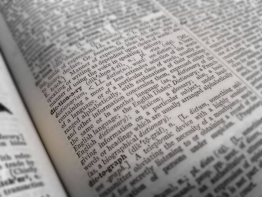 字典選定定義 壁紙 — 打開嘅字典頁面嘅特寫，'dictionary' 呢個字以粗體突出顯示，有密集嘅文字同角落模糊嘅筆尖。