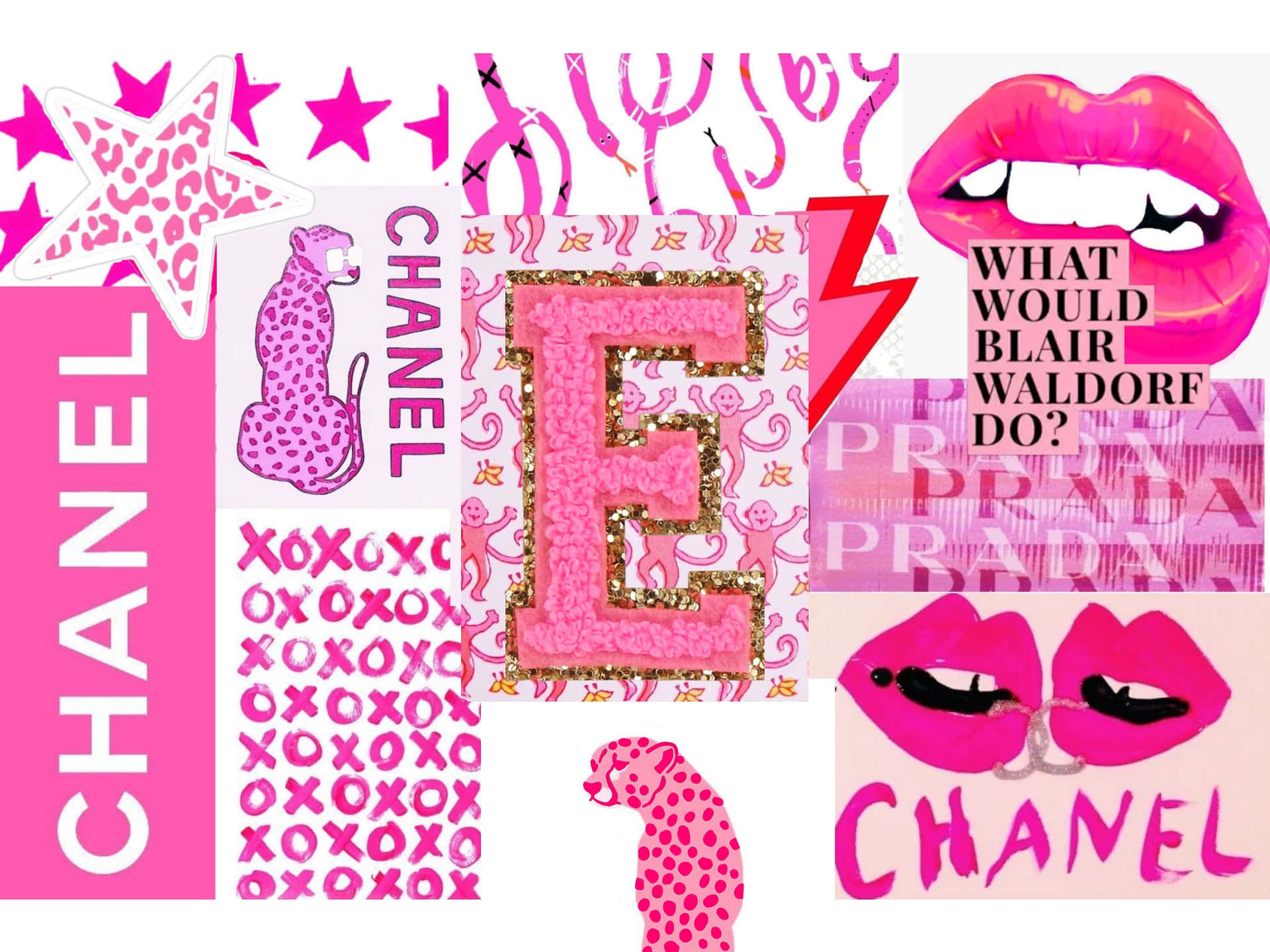 粉紅色時尚拼貼畫，帶有 Chanel Prada 標誌、閃亮字母 E、獵豹，以及詢問「What Would Blair Waldorf Do?」的嘴唇