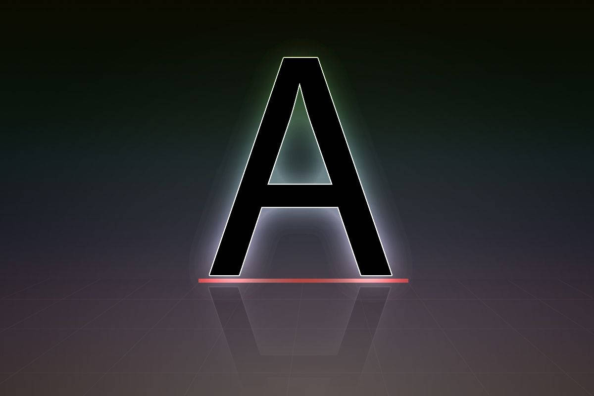 字母A帶陰影 壁紙 — 一個發光的黑色字母A，帶有霓虹邊緣，站在反射網格地板上，背景為深色漸變。