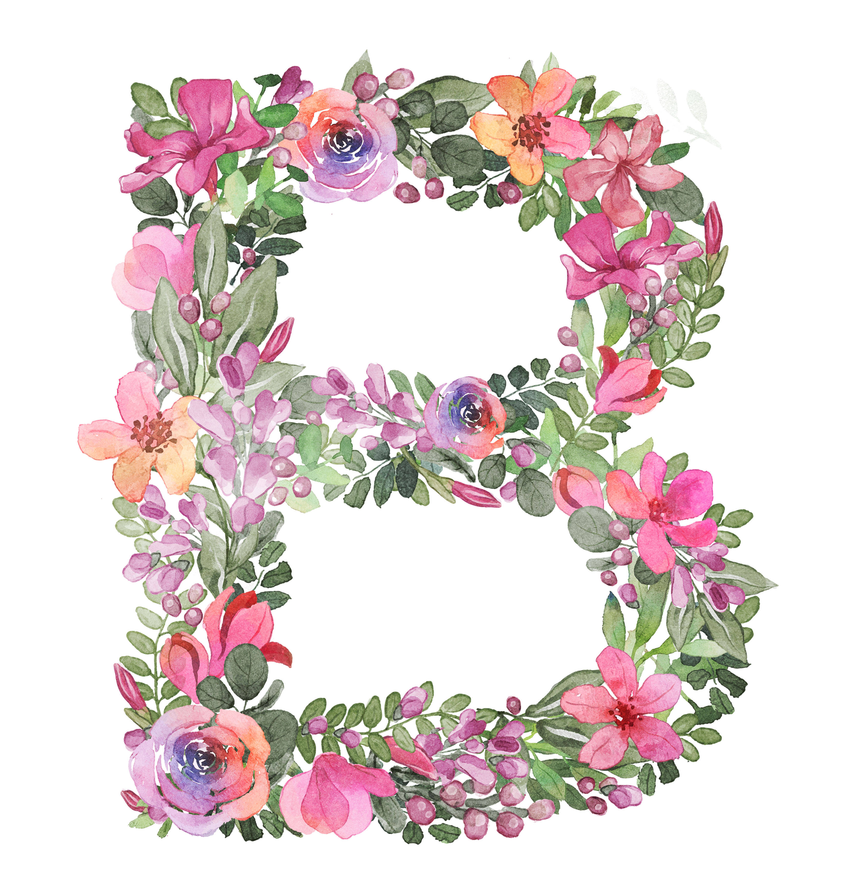 字母B 春日設計 壁紙 — 一個水彩字母B，點綴著鮮豔的粉紅色、橙色和紫色花朵以及綠色葉子，背景為白色。