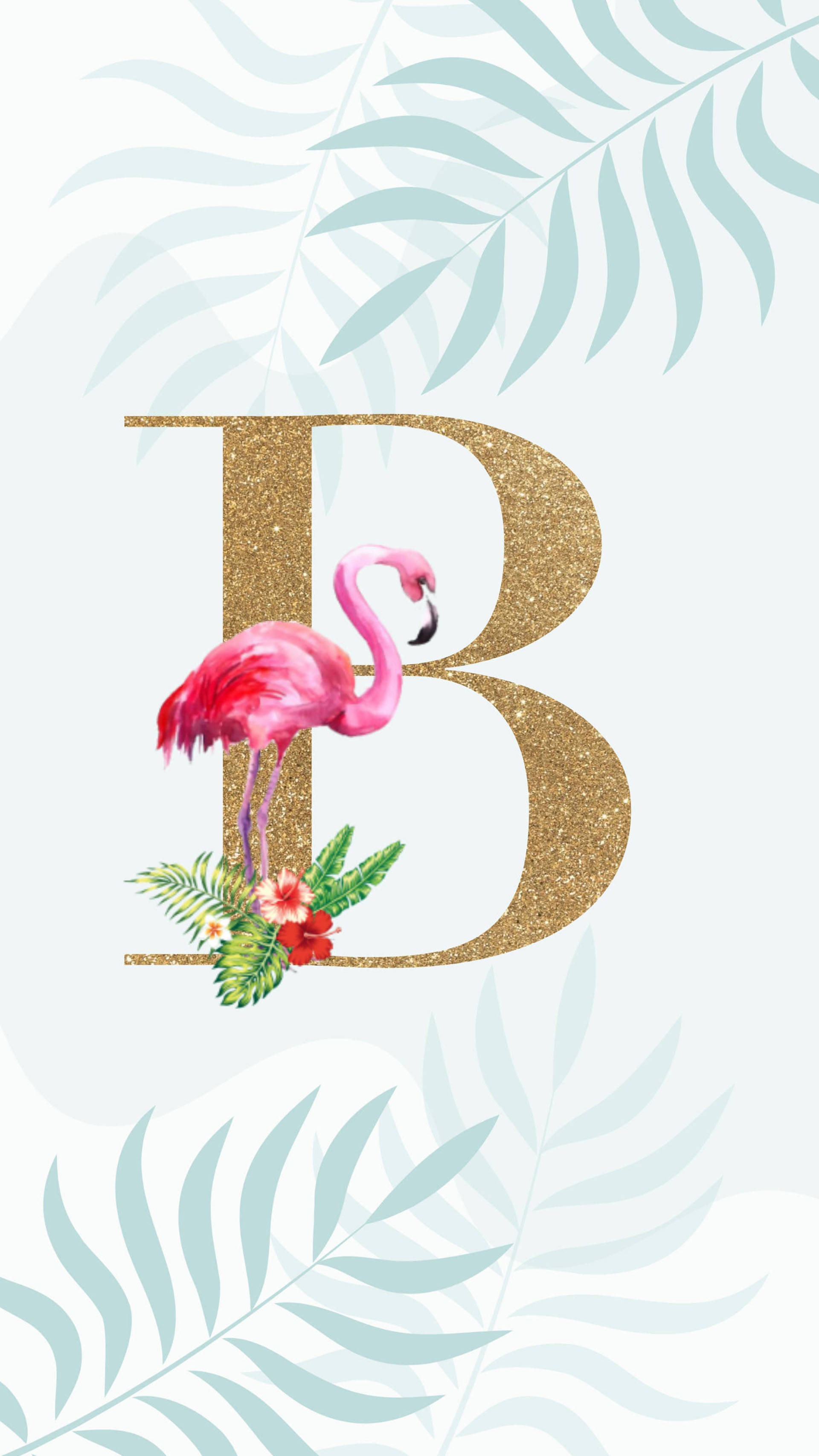 字母B火烈鳥設計 壁紙 — 一個閃閃發光的金色字母B，上面裝飾著粉紅色火烈鳥和熱帶花卉，背景是淺藍色的葉子。