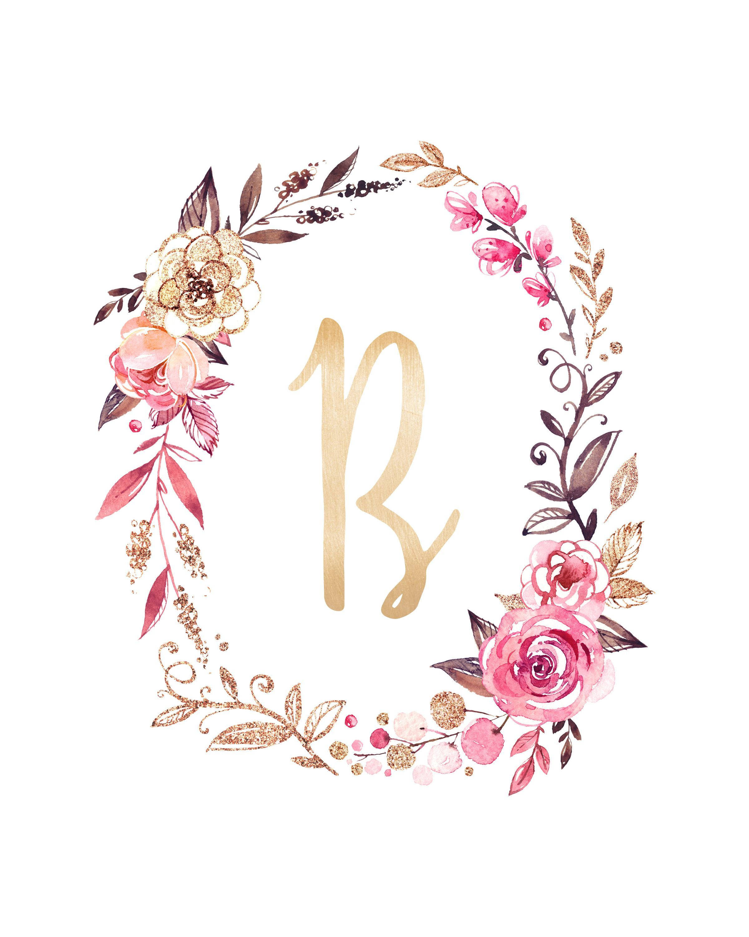 字母B花環設計 壁紙 — 一個精緻的水彩花卉花環，粉紅色和金色環繞著白色背景上的金色字母B。