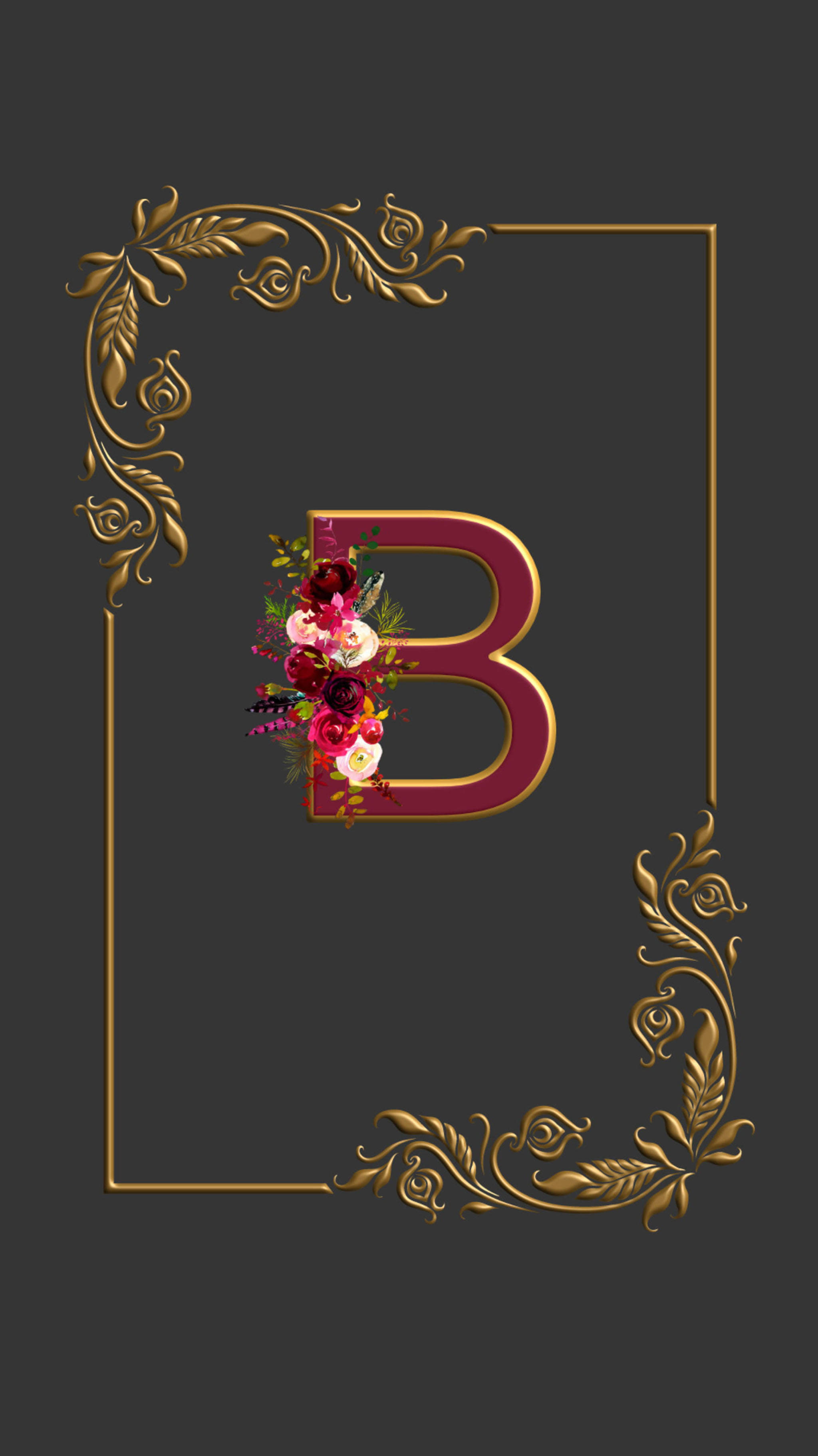 字母B金色框架 壁紙 — 一個酒紅色的字母B，飾以色彩繽紛的花朵，位於華麗的金色框架內，背景為深灰色。