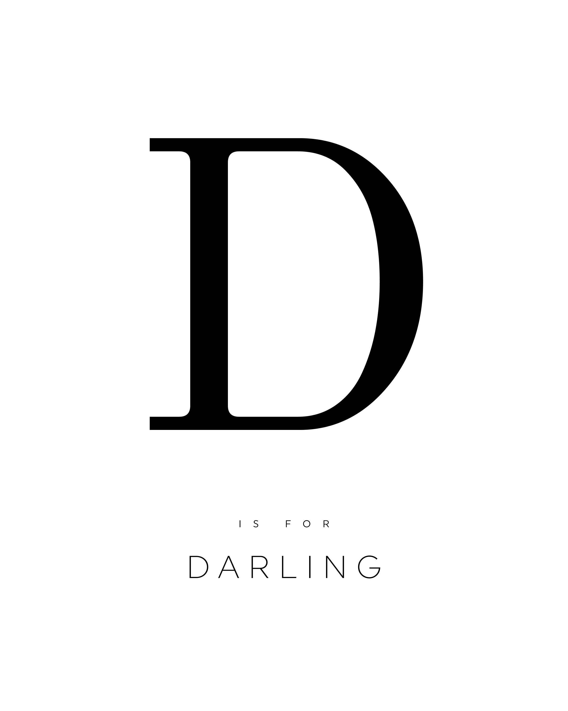 字母D代表Darling 壁紙 — 粗體黑色字母 D，上面有「IS FOR DARLING」文字，背景為簡約白色。