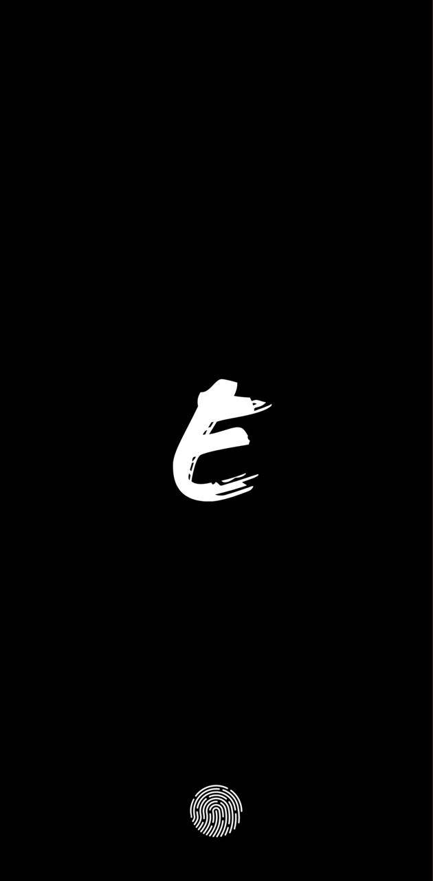 字母E筆觸風格 壁紙 — 純黑色背景上有一個白色筆觸字母「e」，下方有一個指紋圖示。
