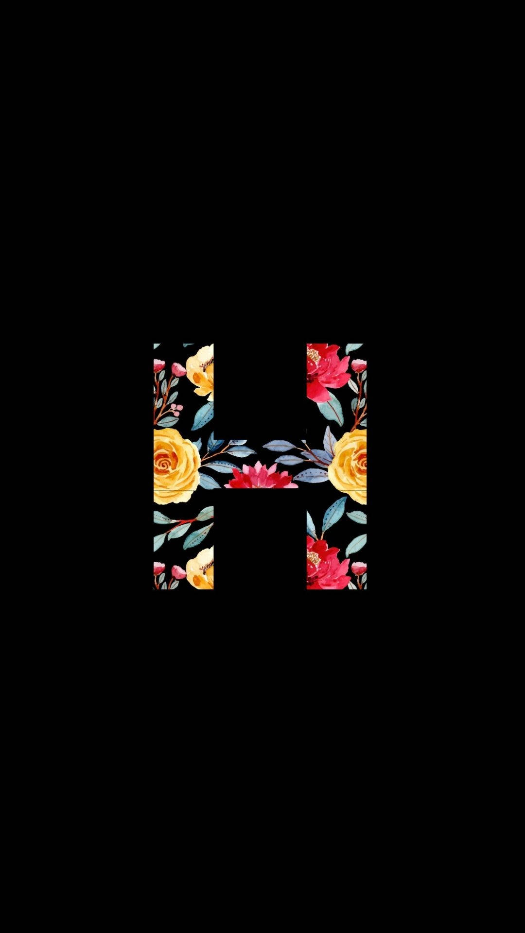 黑色背景上飾有紅黃玫瑰的字母 H