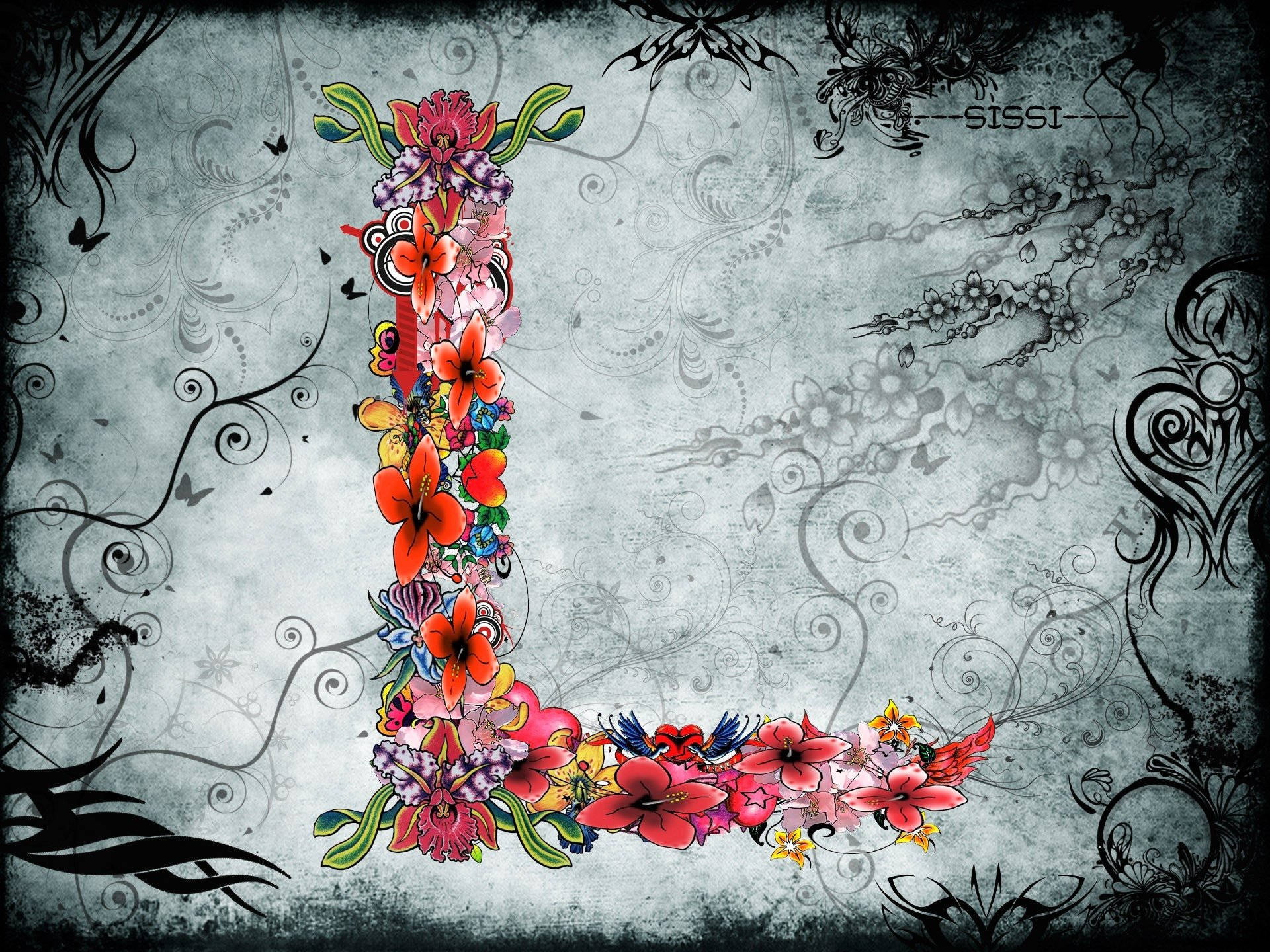 字母L粉紅花朵 壁紙 — 一個充滿活力的花卉字母L，飾以色彩繽紛的花朵和蝴蝶，背景為帶有黑色漩渦紋理的灰色。