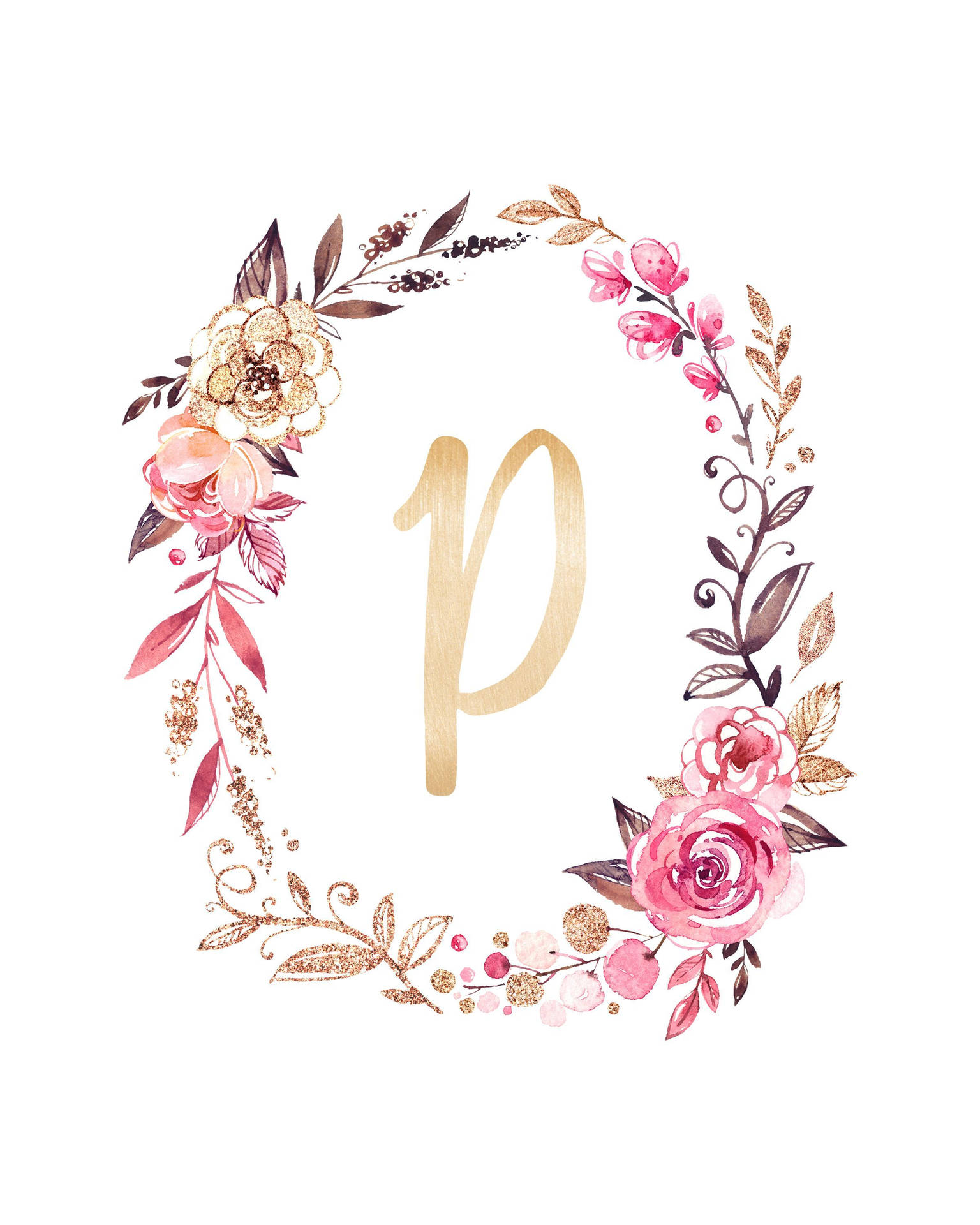 優雅的花環，粉紅玫瑰和金色閃粉圍繞金色字母P。