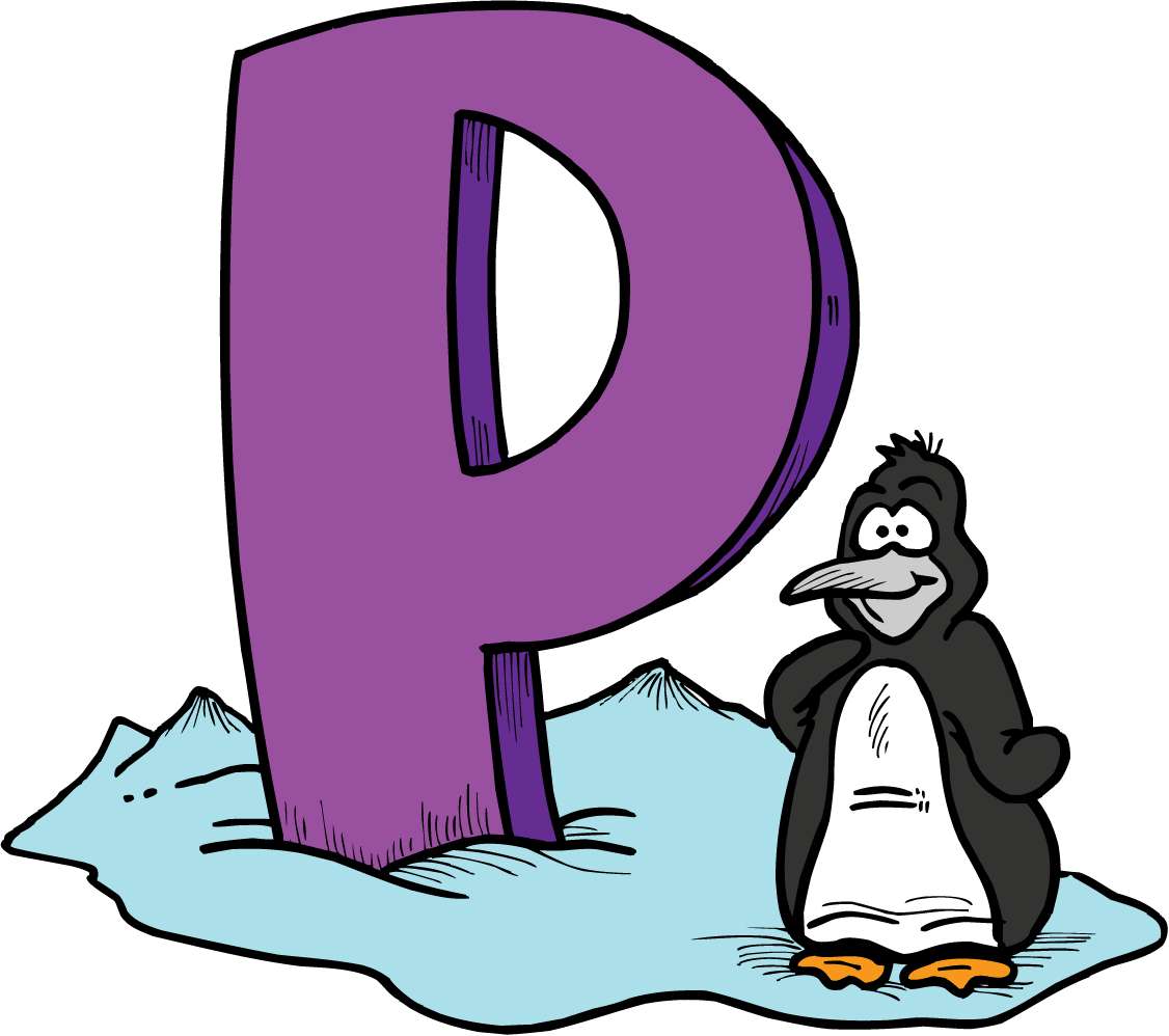 卡通企鵝在冰上的一個大紫色字母P旁邊。