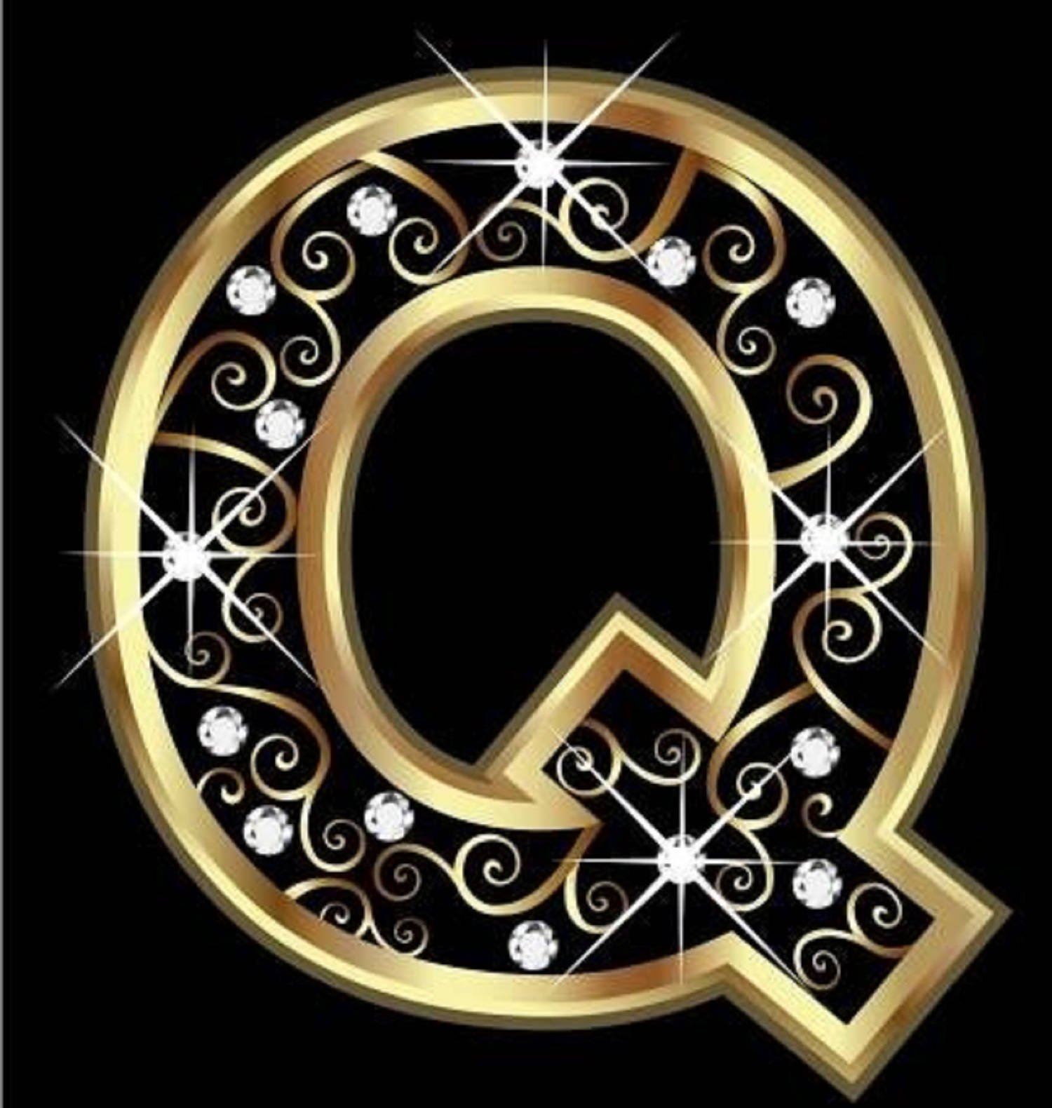 黑色背景上帶有鑽石和漩渦的金色字母Q。