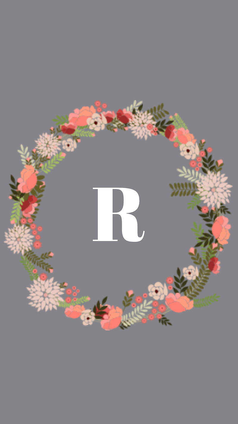字母R花環 壁紙 — 一個粉紅蜜桃色和白色花朵的花環圍繞著灰色背景上的一個大白色字母R。
