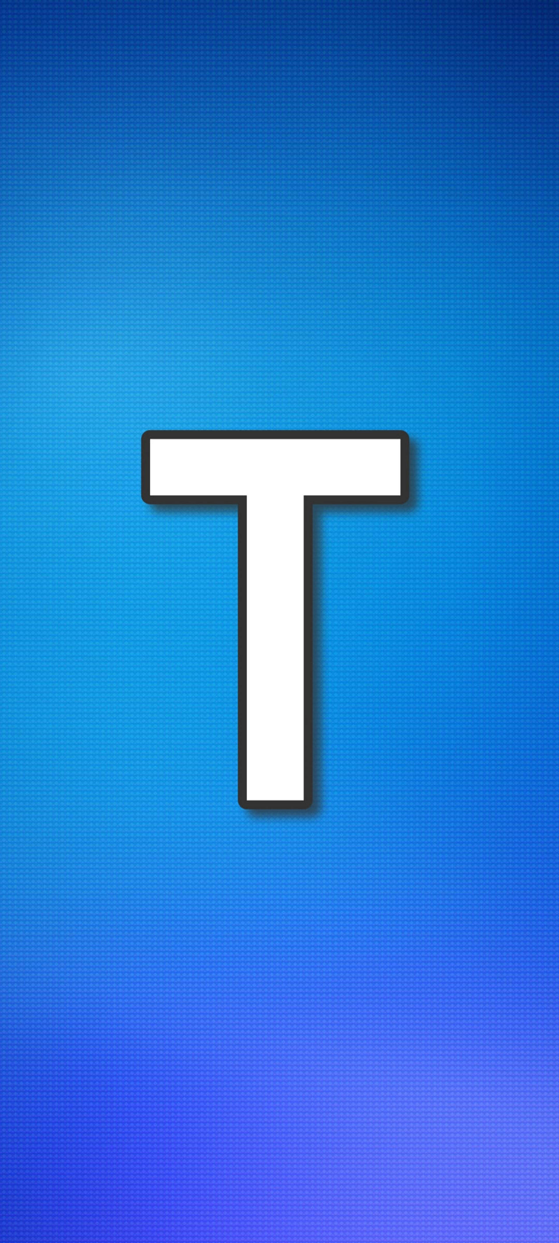 字母T網格圖案 壁紙 — 一個粗體白色字母 T，帶有黑色輪廓，居中在帶有微妙點狀圖案的漸變藍色背景上。