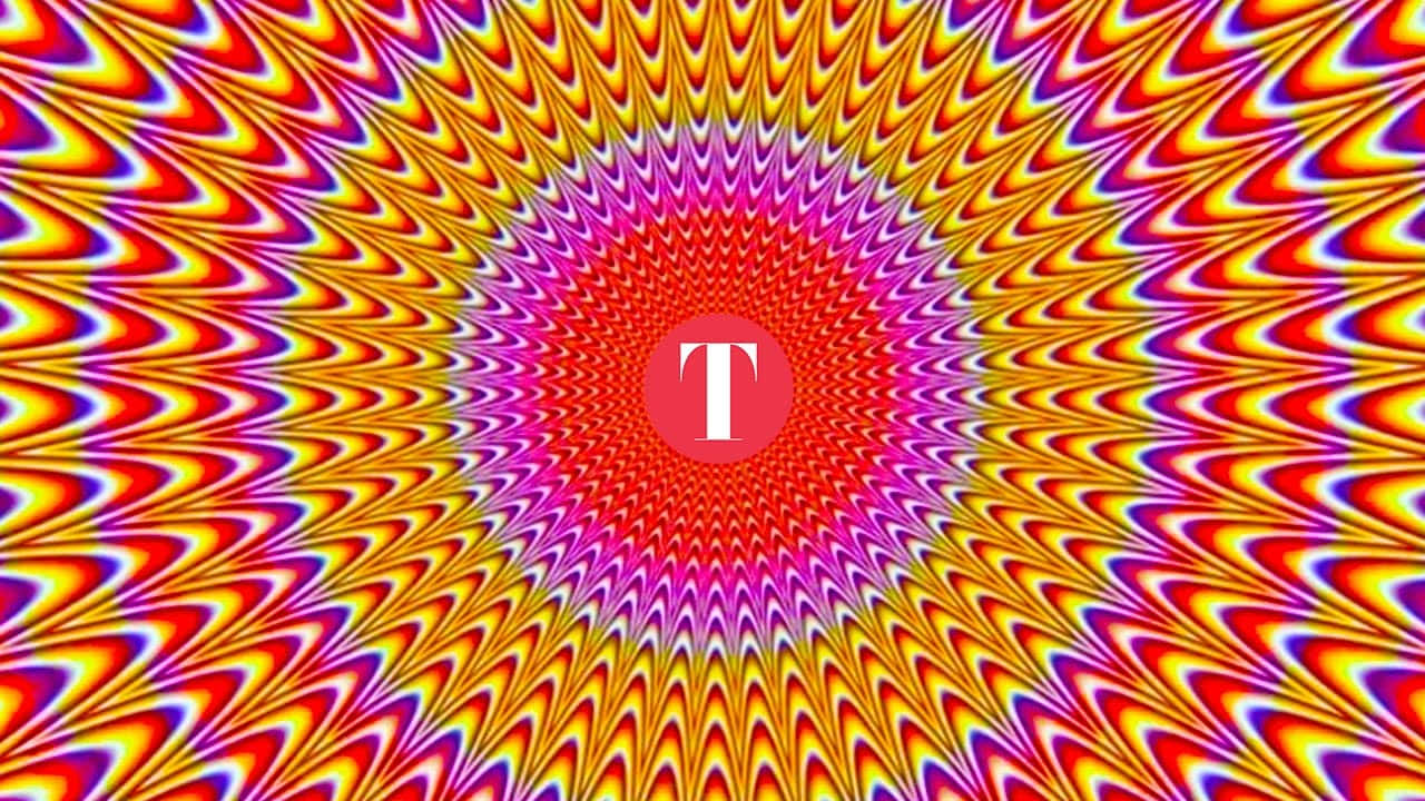 色彩繽紛的錯視螺旋，中央有紅色圓圈和白色T標誌。