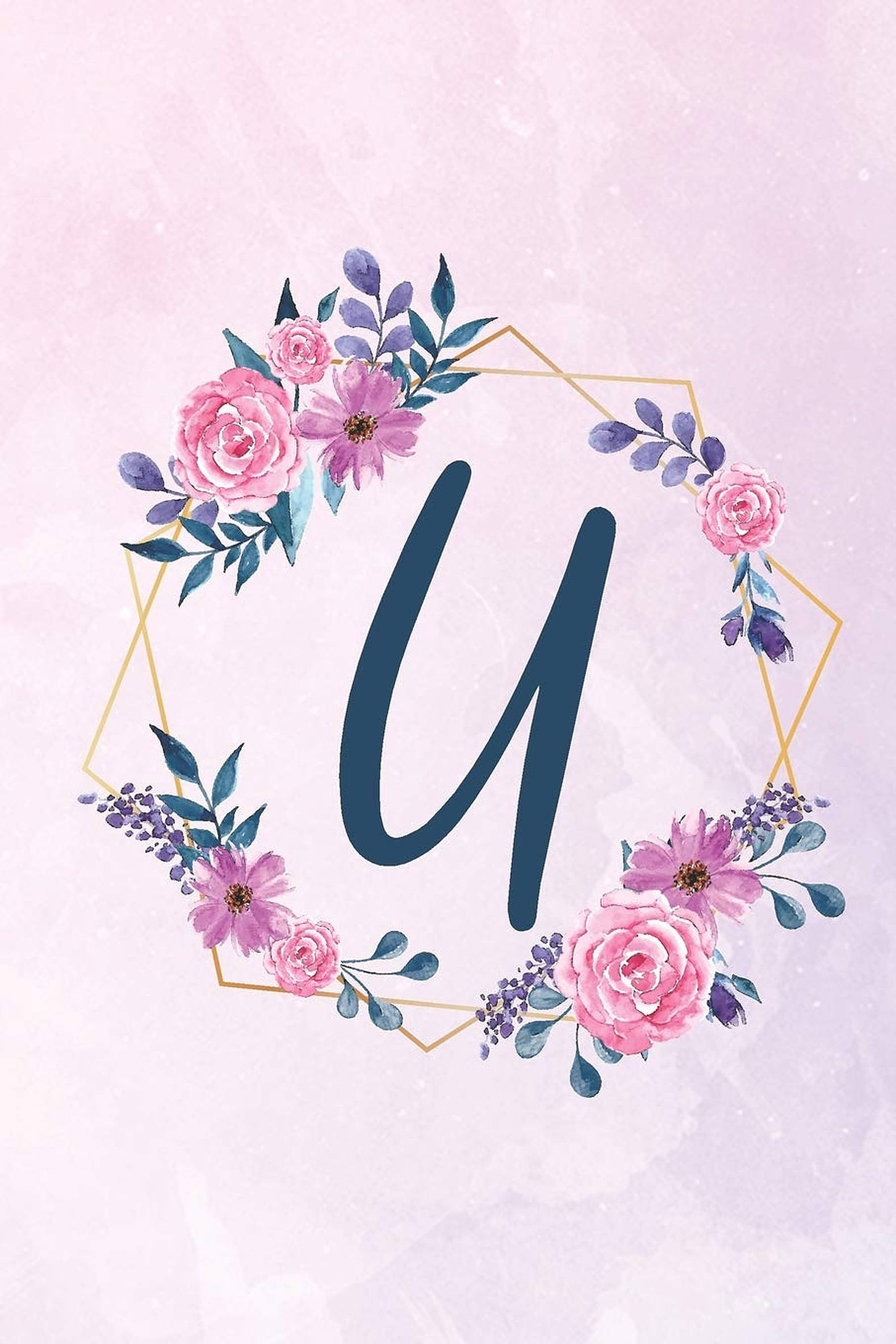 字母U首字母圖騰 壁紙 — 粉紅色和紫色的精緻水彩花環框住一個大膽的深藍色字母U，背景是柔和的淡紫色。