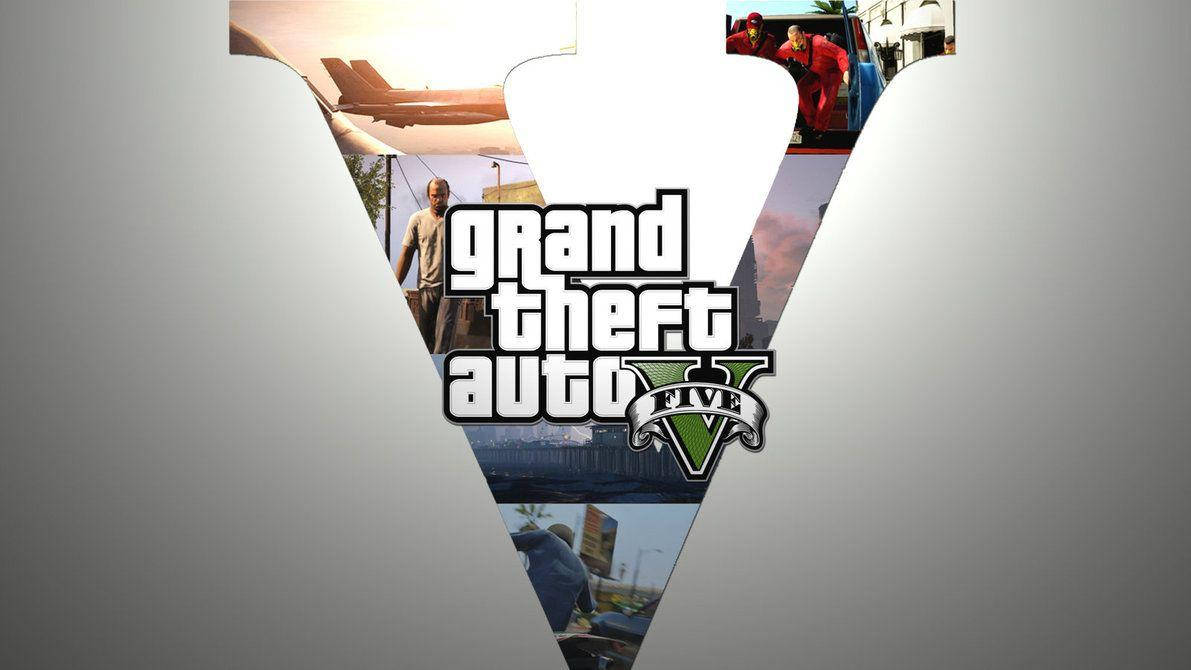 字母V上的GTA 壁紙 — Grand Theft Auto V 標誌，以角色、車輛和城市景觀的場景框成一個風格化的V形。