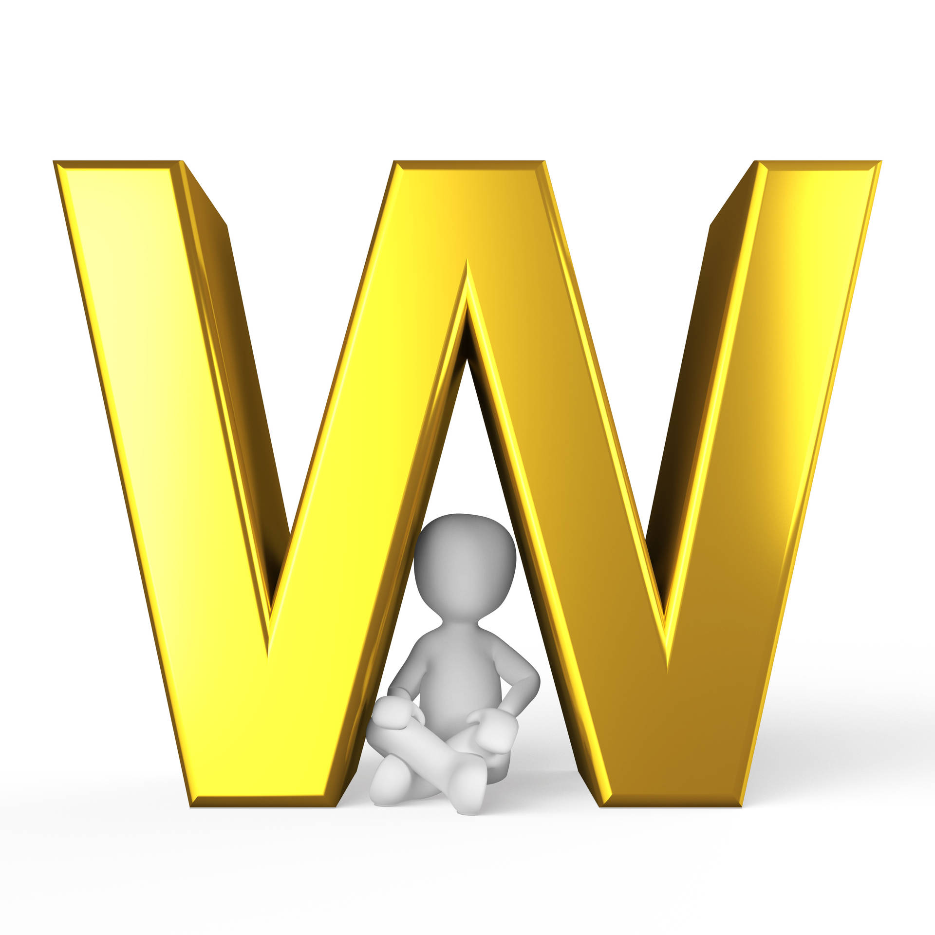 細小白色3D公仔坐在一個大型金色字母W內。