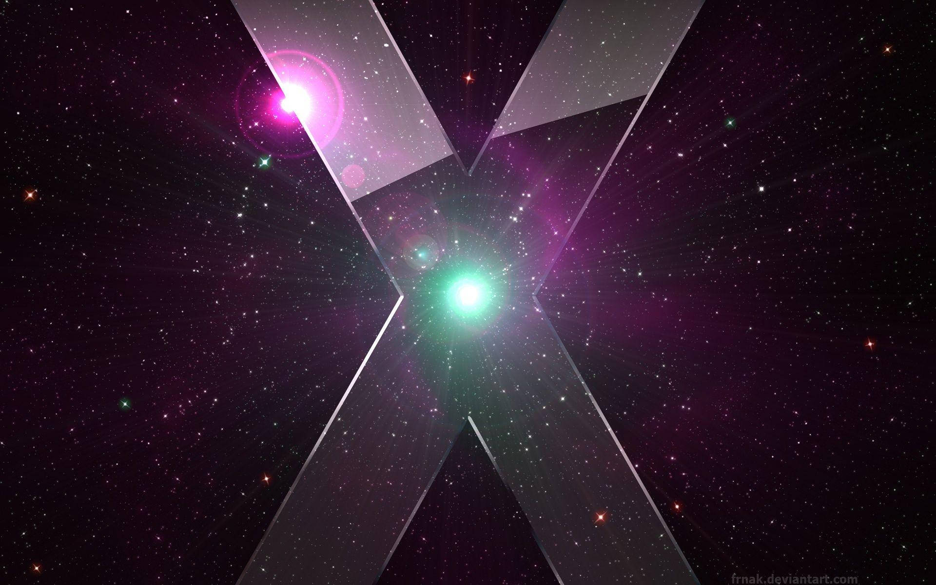 深紫色太空中一個發光的X形宇宙結構，點綴著星星和星雲。