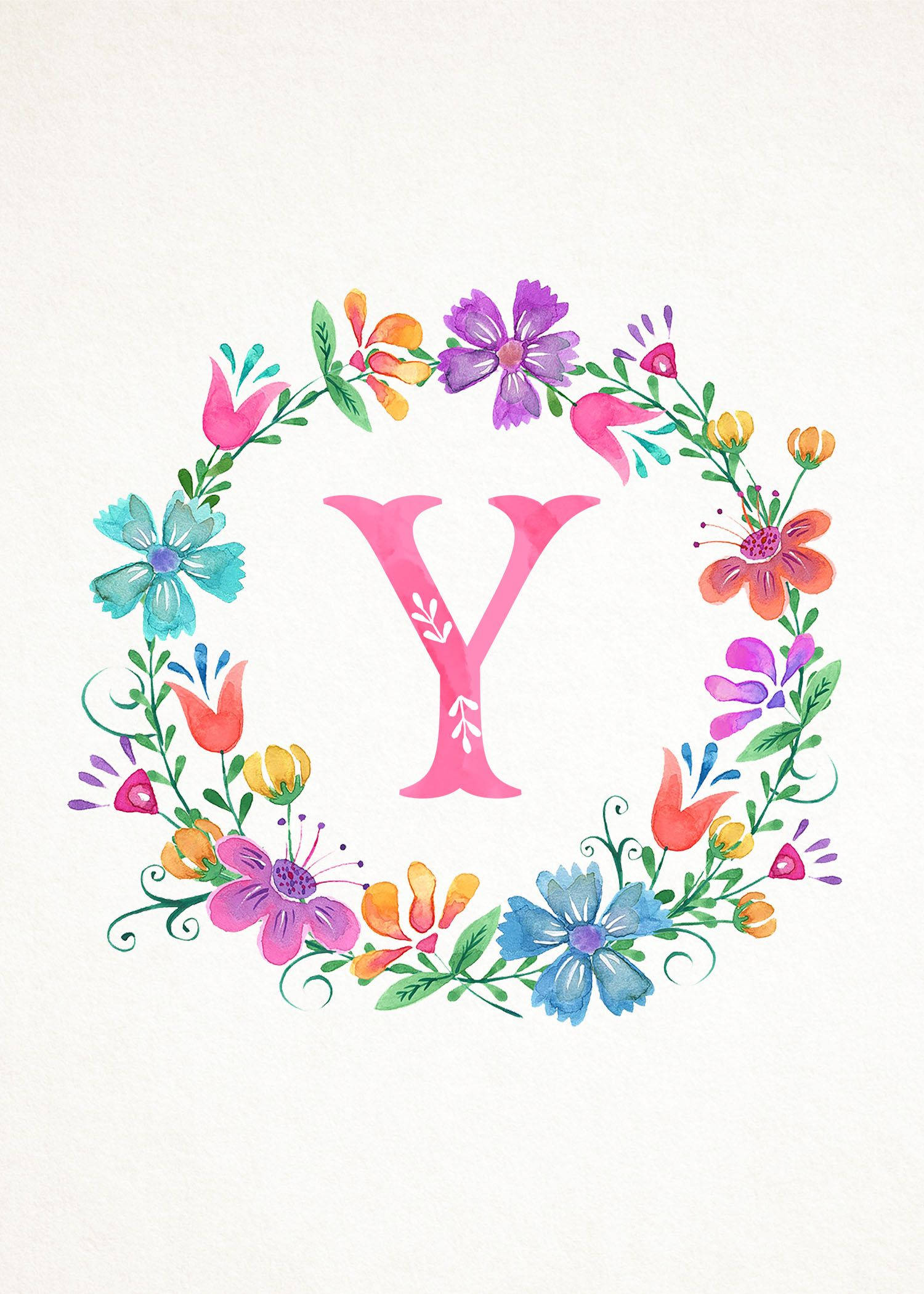 字母Y花卉花環 壁紙 — 一個充滿活力的水彩字母Y，點綴著色彩繽紛的花環，置於有紋理的奶油色紙上。
