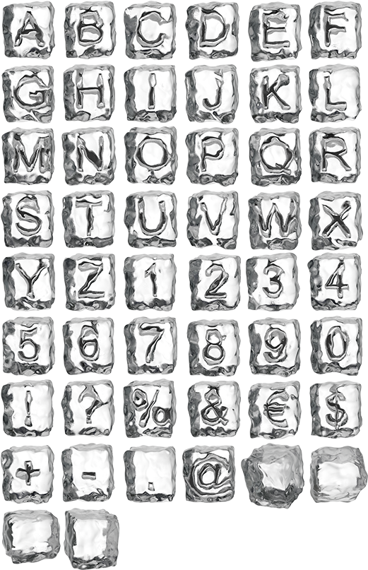 字母與數字冰塊 壁紙 — 一個由金屬質感方形瓷磚組成的網格，每塊瓷磚上都刻有字母、數字和符號，背景為黑色。