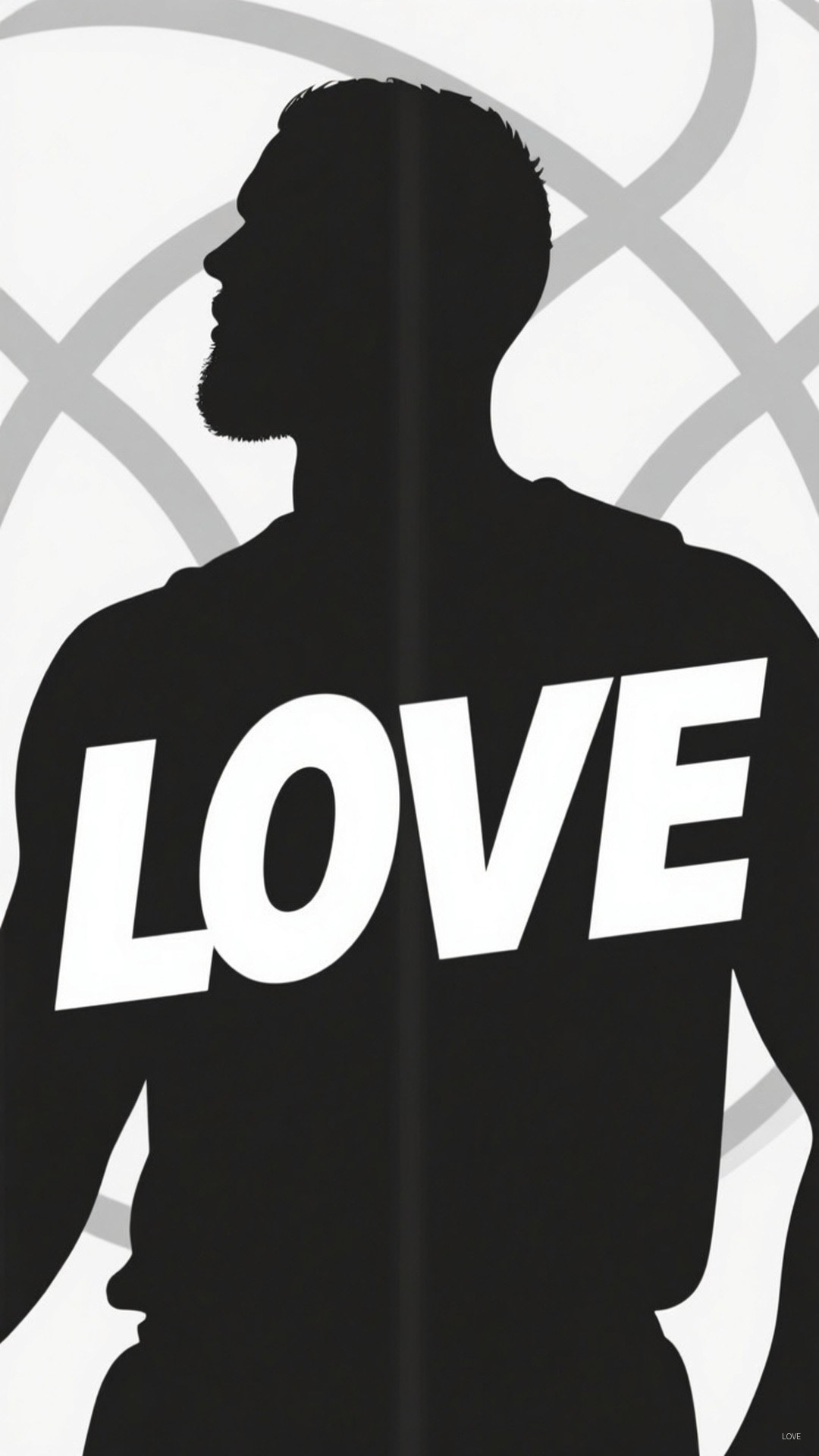 黑色剪影，一個男人胸前有'LOVE'文字，背景為幾何灰色