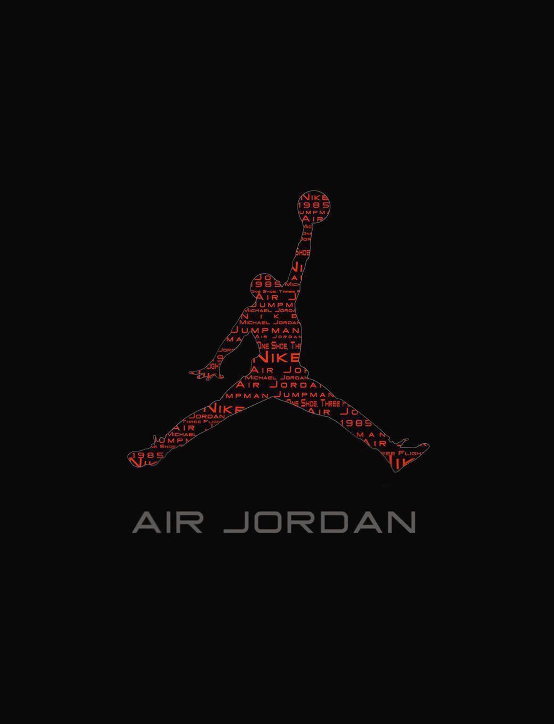 字體藝術Air Jordan標誌 壁紙 — 一個大膽的紅色剪影，由重複的文字如「AIR JORDAN」和「NIKE」在黑色背景上形成一個空中籃球運動員。