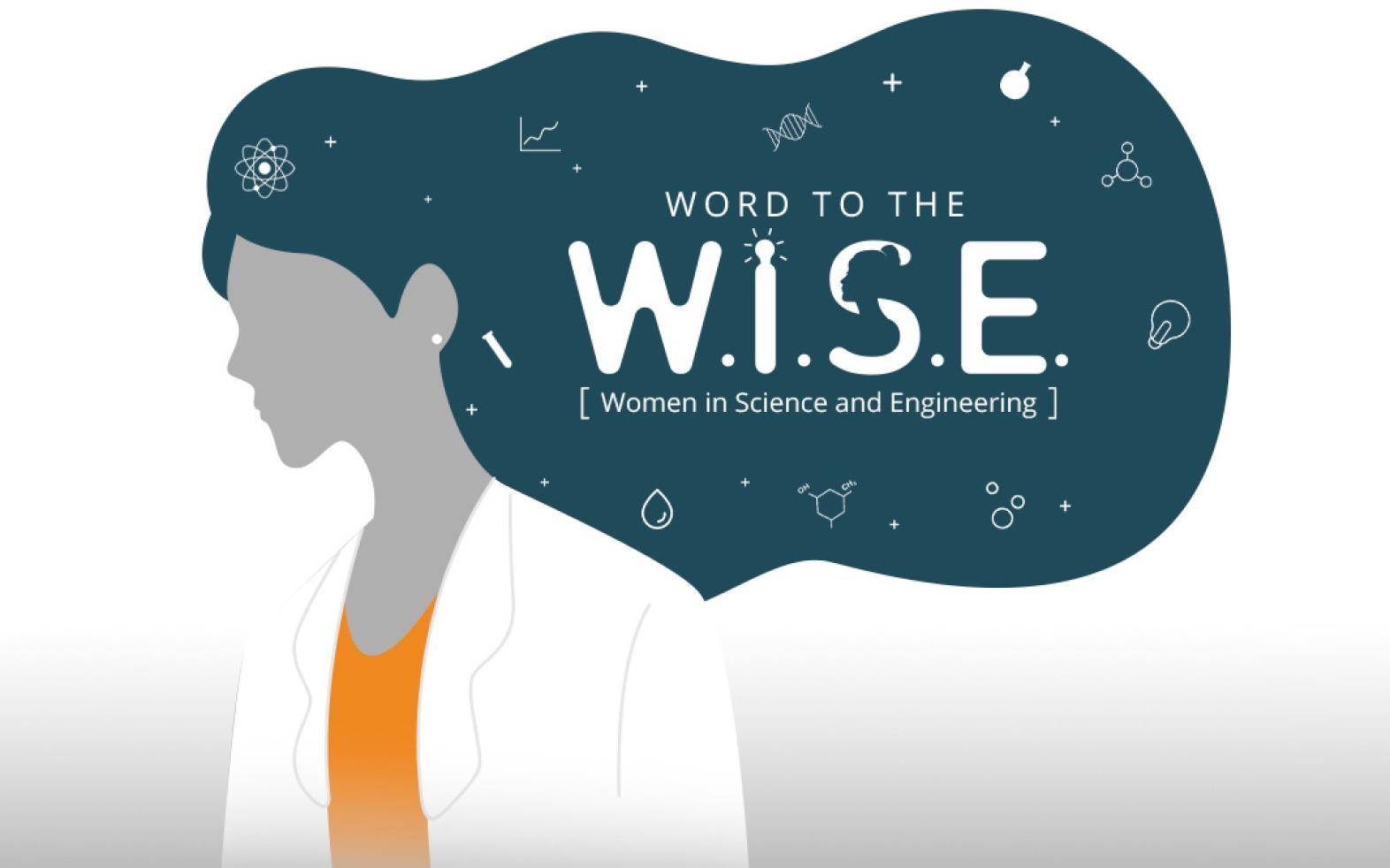 穿著實驗室外套的女性，思考泡泡顯示科學符號和「Word to the W.I.S.E.」