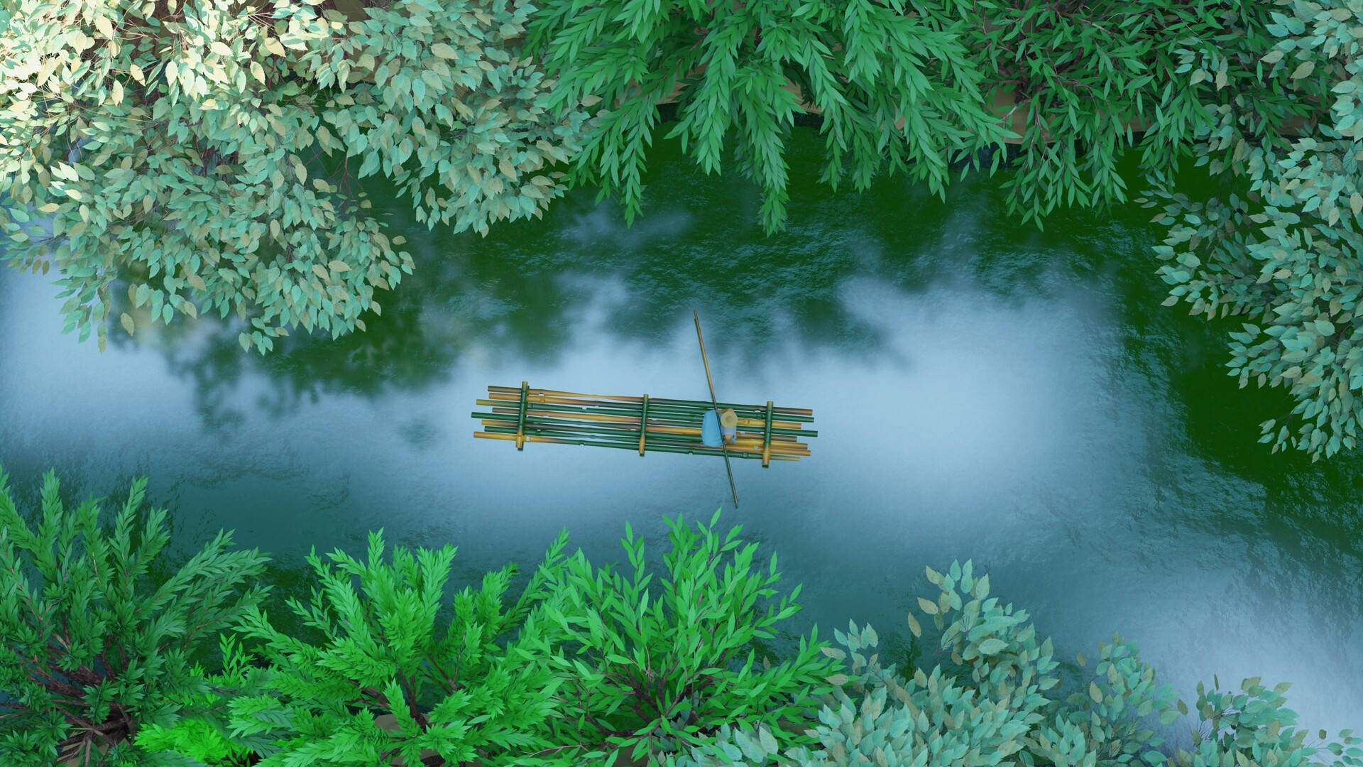 孟加拉國卡通河流 壁紙 — 孤獨的竹筏在煙霧繚繞的河流上平靜地漂浮，周圍是從上方俯瞰的茂密綠色樹葉。