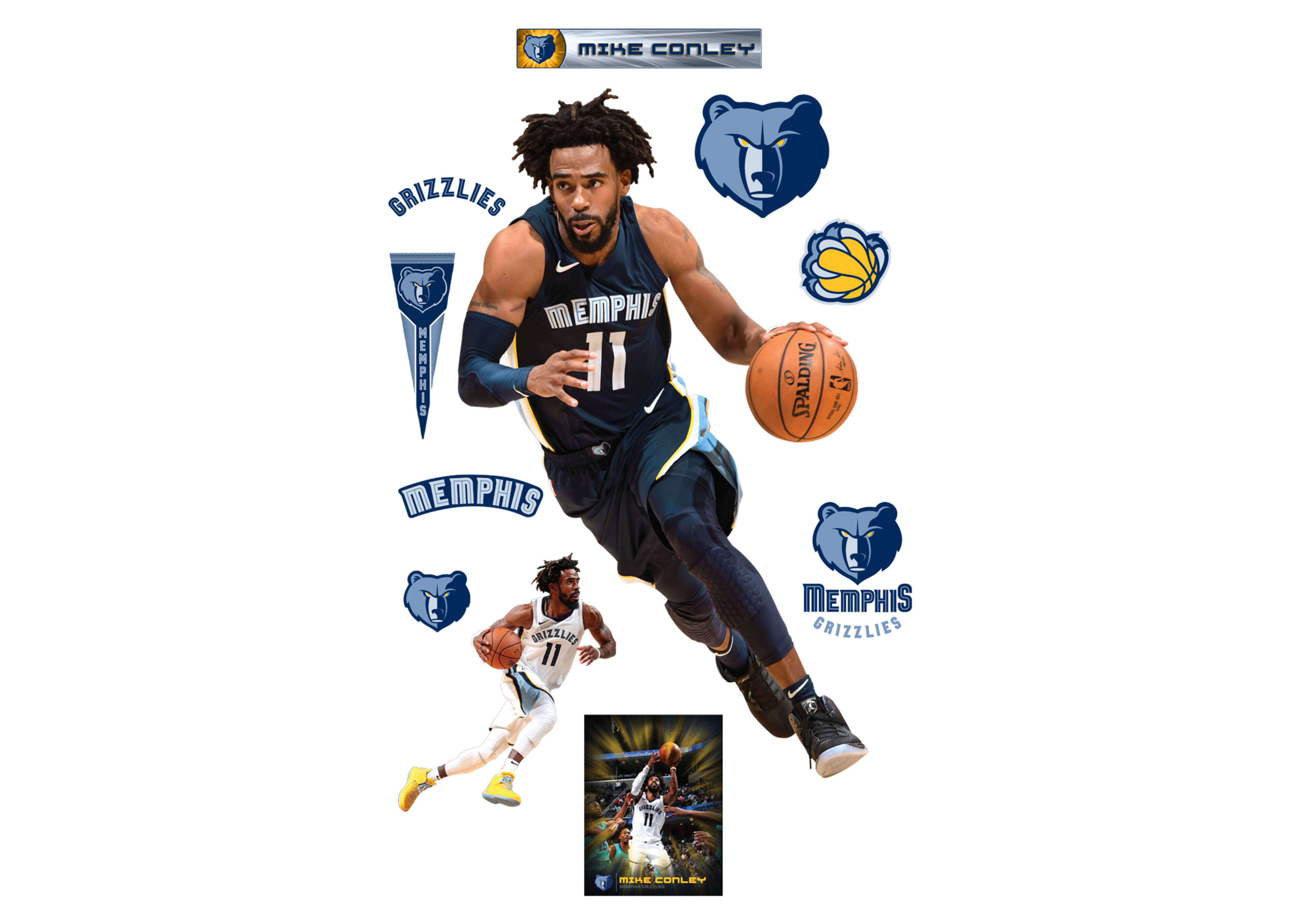 孟菲斯灰熊隊 11號 邁克·康利 壁紙 — 籃球運動員 Mike Conley 身穿孟菲斯灰熊隊球衣，在球隊標誌和動作鏡頭環繞下運球。