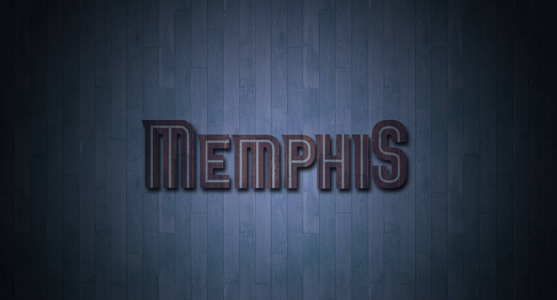 孟菲斯灰熊隊極簡風格 壁紙 — 大膽嘅 Memphis 字體用金屬字母喺深藍色木板牆上投射出柔和陰影。