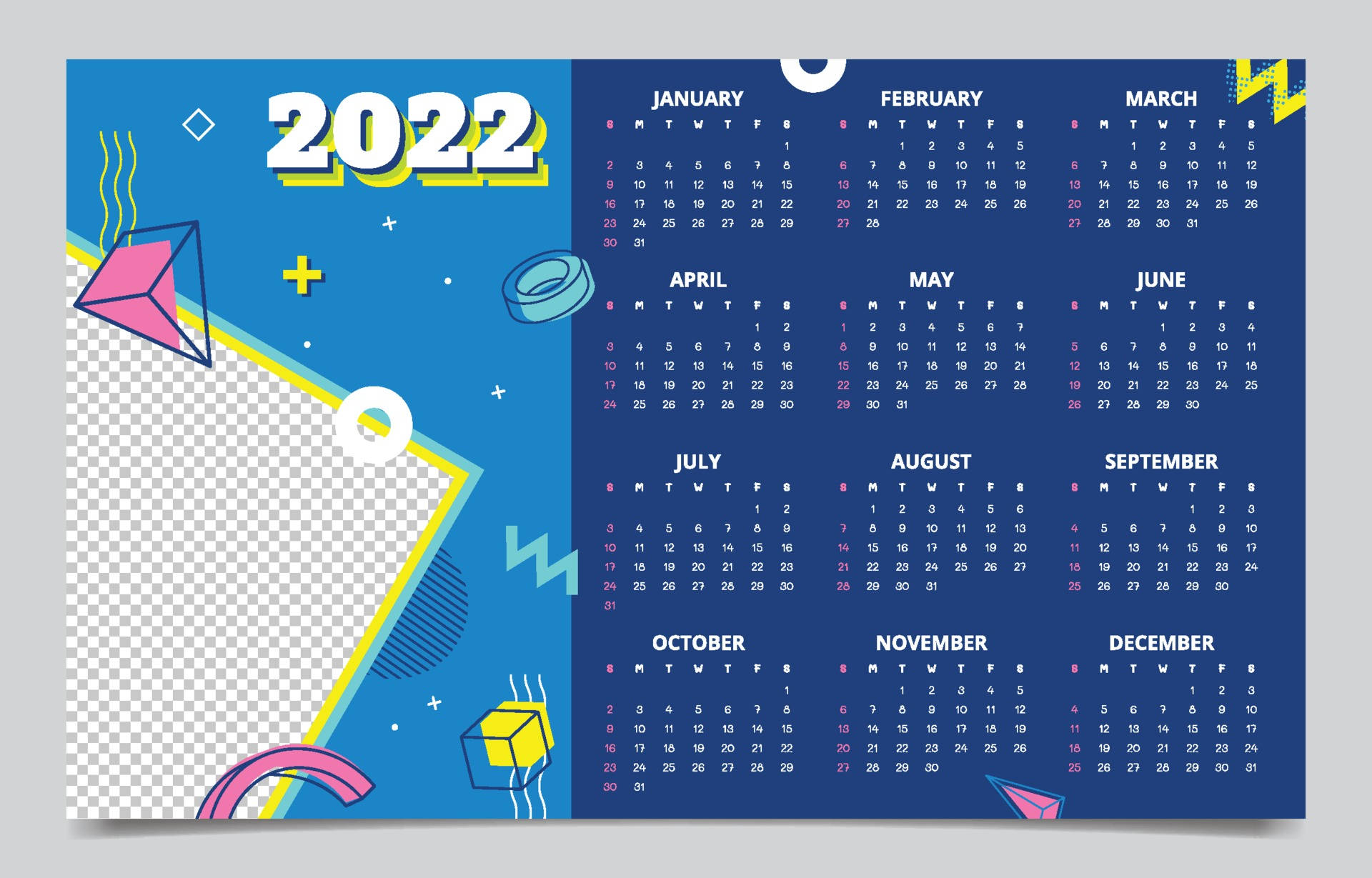 孟菲斯風格2022日曆 壁紙 — 充滿活力的2022年日曆，帶有鮮明的幾何形狀和復古霓虹色調，背景為藍色。