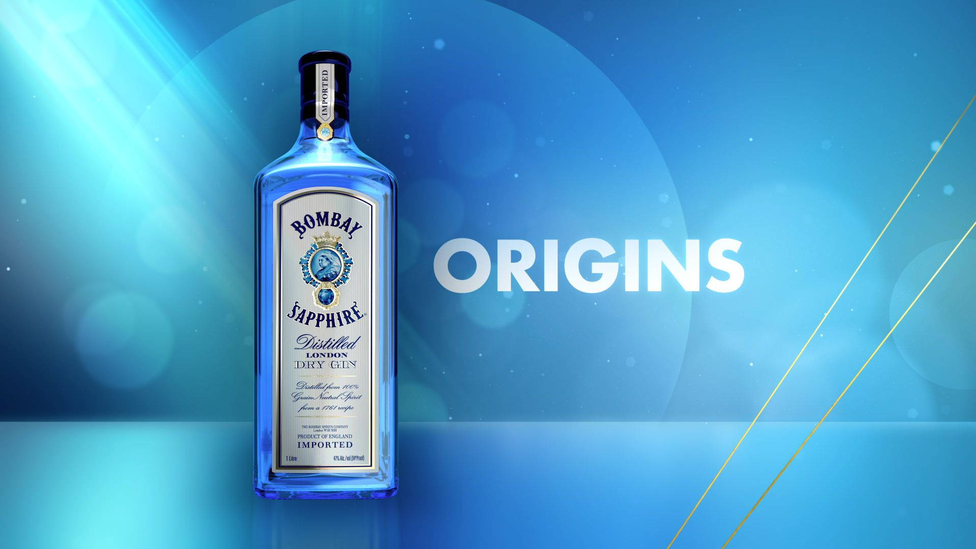 一個 Bombay Sapphire 氈酒瓶，在藍色漸變背景上帶有 'ORIGINS' 文字。