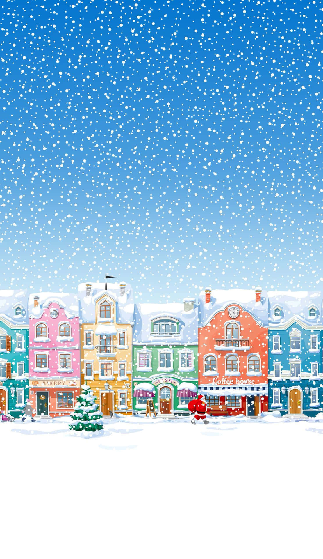 冬日村莊中色彩繽紛的積雪建築，雪花飄落。