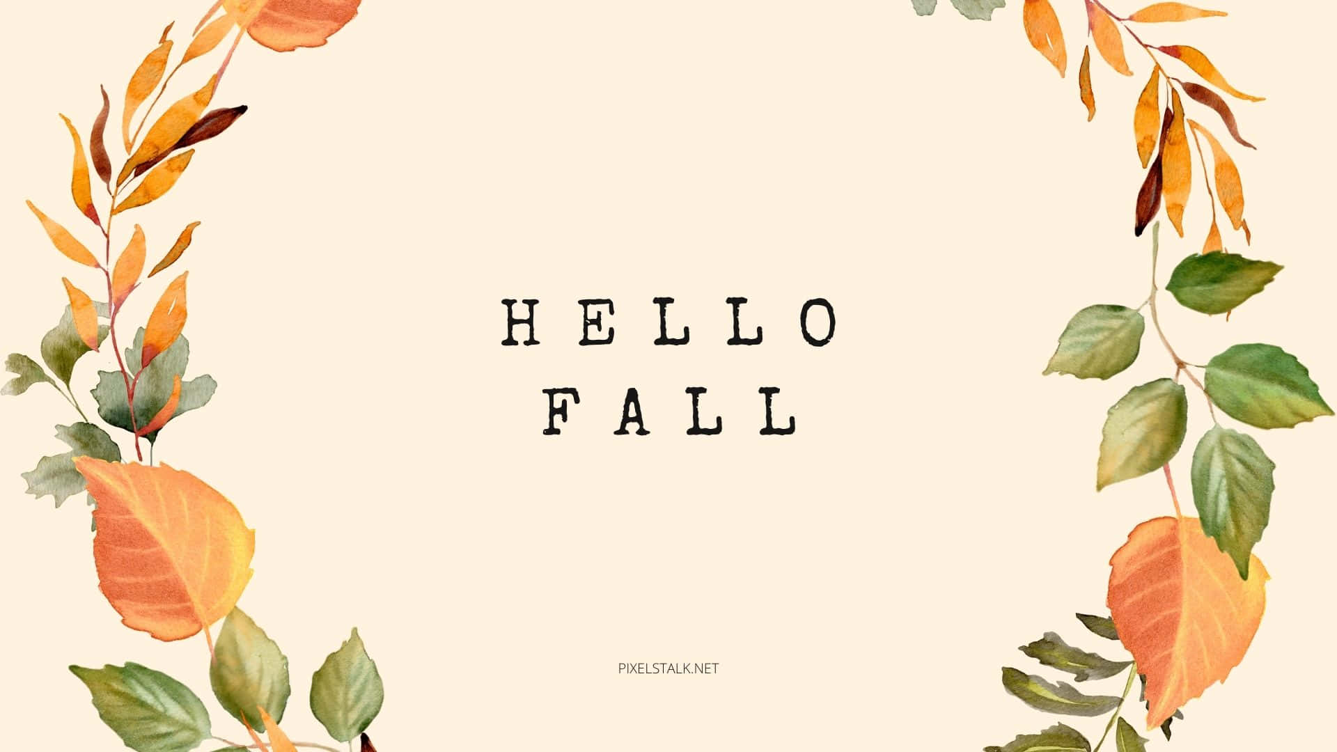 水彩秋葉在奶油色背景上框住「Hello Fall」文字