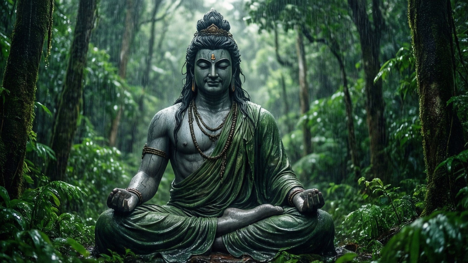 季雨阿迪瑜伽 壁紙 — 一座寧靜的石雕神像在迷霧雨林中盤腿打坐，身披綠色長袍，四周環繞著高聳的樹木和落下的雨水。