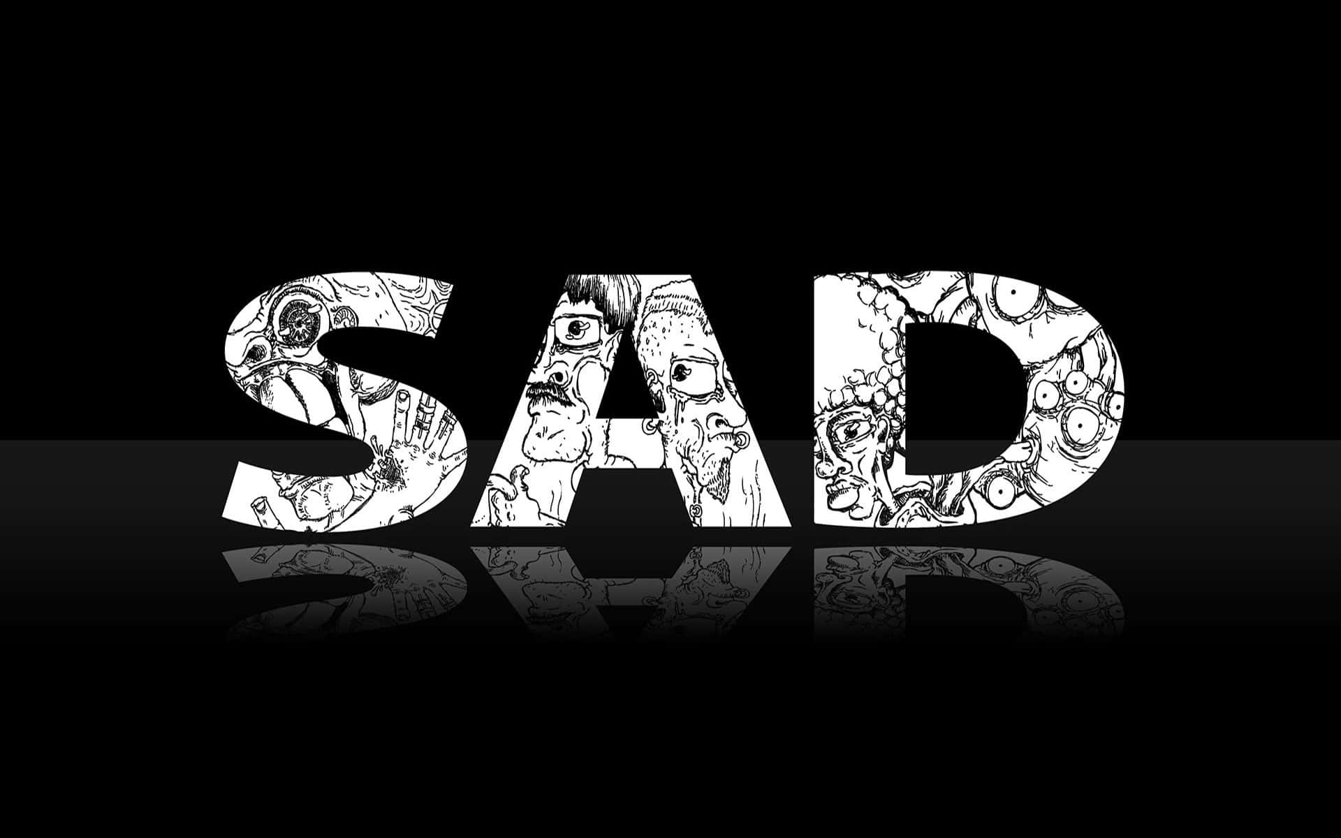 孤寂的幻影 壁紙 — 黑色反光表面上，粗體白色字母「SAD」填滿了怪誕的卡通面孔。