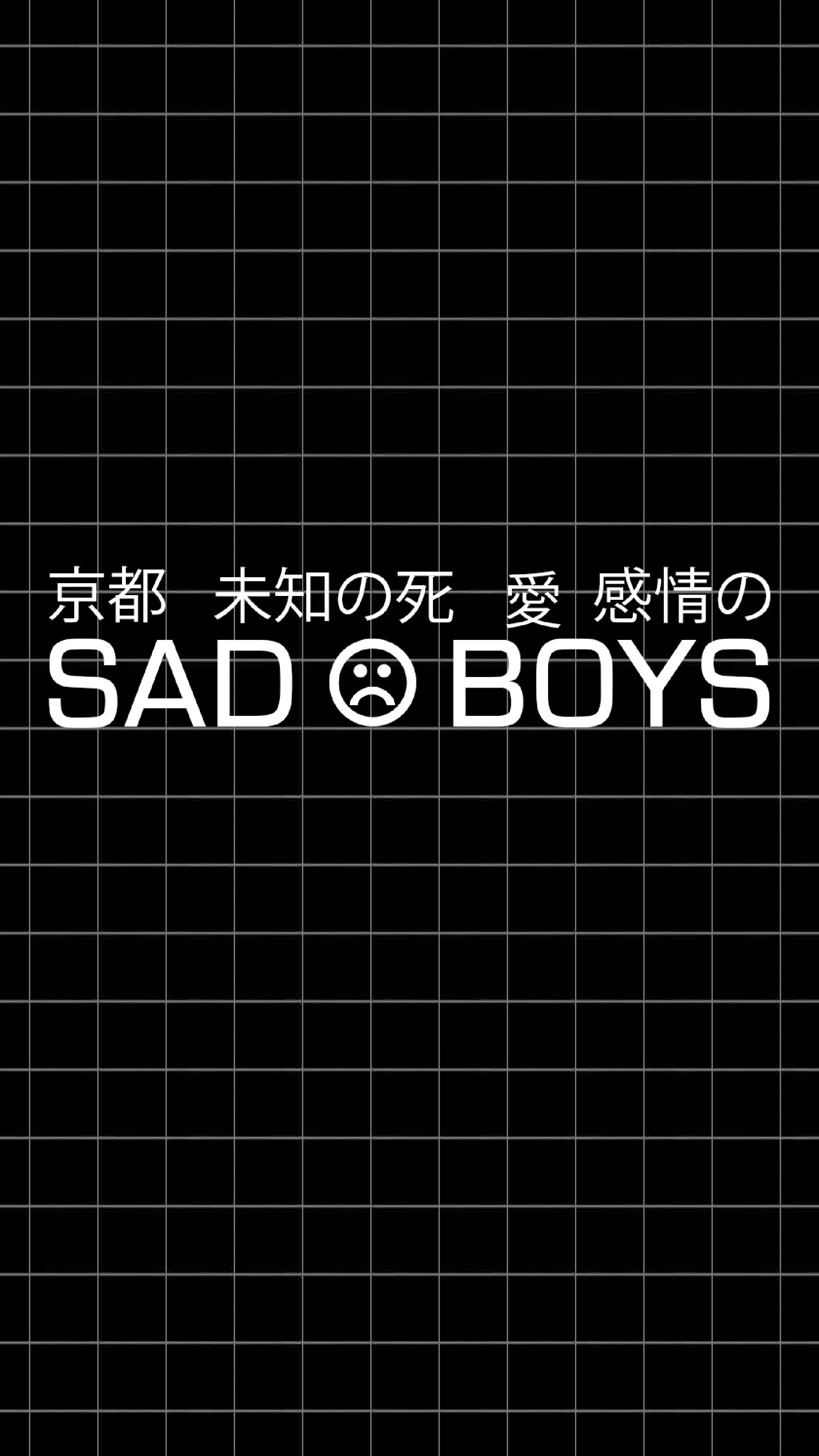 孤寂的肖像 壁紙 — 黑色網格背景上的粗體白色文字寫著 SAD BOYS，上方有日文字元。