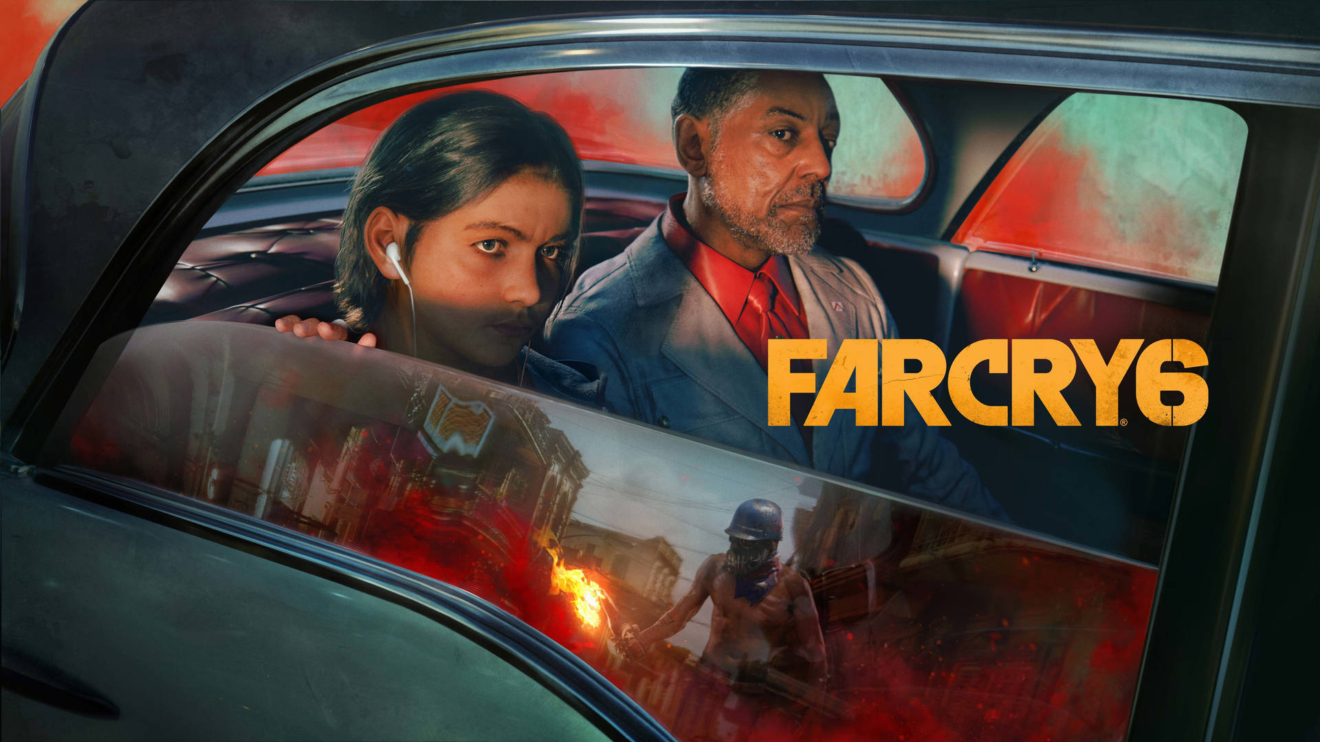 Far Cry 6 中一場烈火戰鬥場景中車內的兩個人。