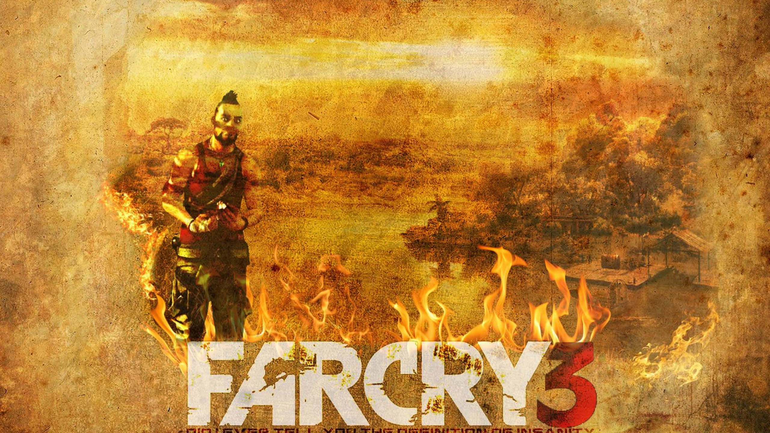 《孤島驚魂3》1440p 瓦斯烈焰背景 壁紙 — 一張 Far Cry 3 的熾熱遊戲海報顯示，一名留鬍鬚、身穿戰鬥裝備的男子站在火焰中，背景是燒焦的熱帶景色。