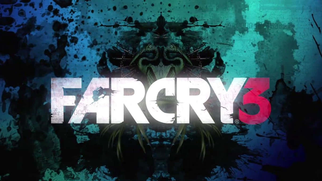 《孤島驚魂3》沙漠戰士 壁紙 — Far Cry 3 標誌在藍綠色和藍色飛濺的混亂背景中發光，帶有威脅性的部落面具剪影。